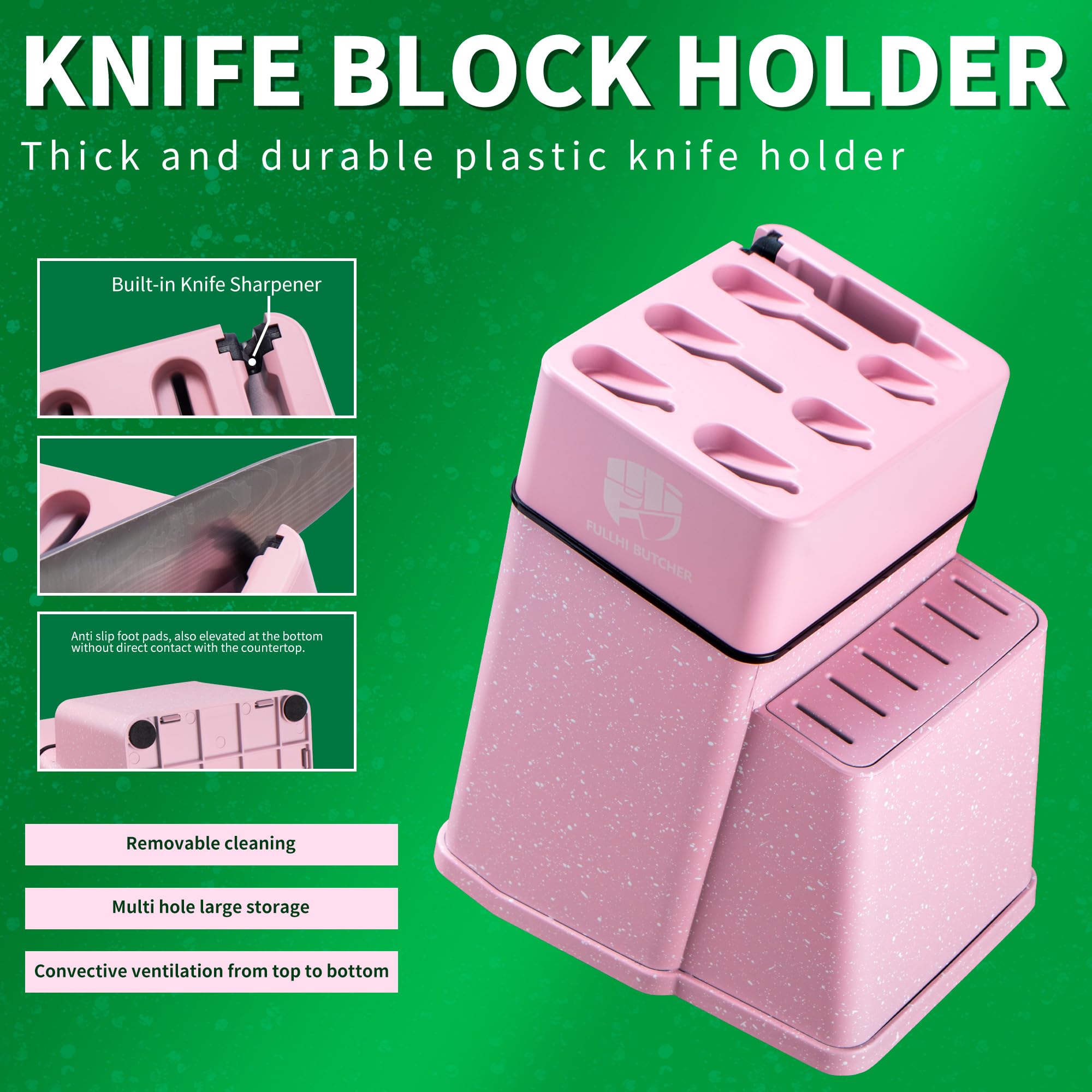 FULLHI 14pcs Block Knife Set, Chef's Knife Steak Knives Set with Block and Sharpener, Kitchen Knife Set, Multi-colour Handle, Gifts for Men Women