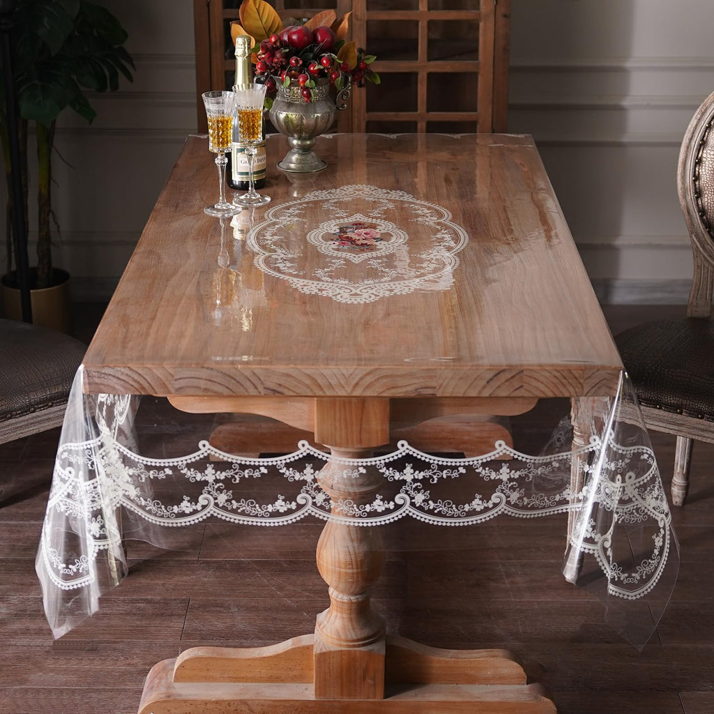 Artbloss Clear Table Cover Protector Plastic Vinyl Table Cloth with White Lace Pattern Oil Spill Proof Plastic Tablecloths for Dining Tables Parties Holidays (French Lace, 60 x 84 Inches)