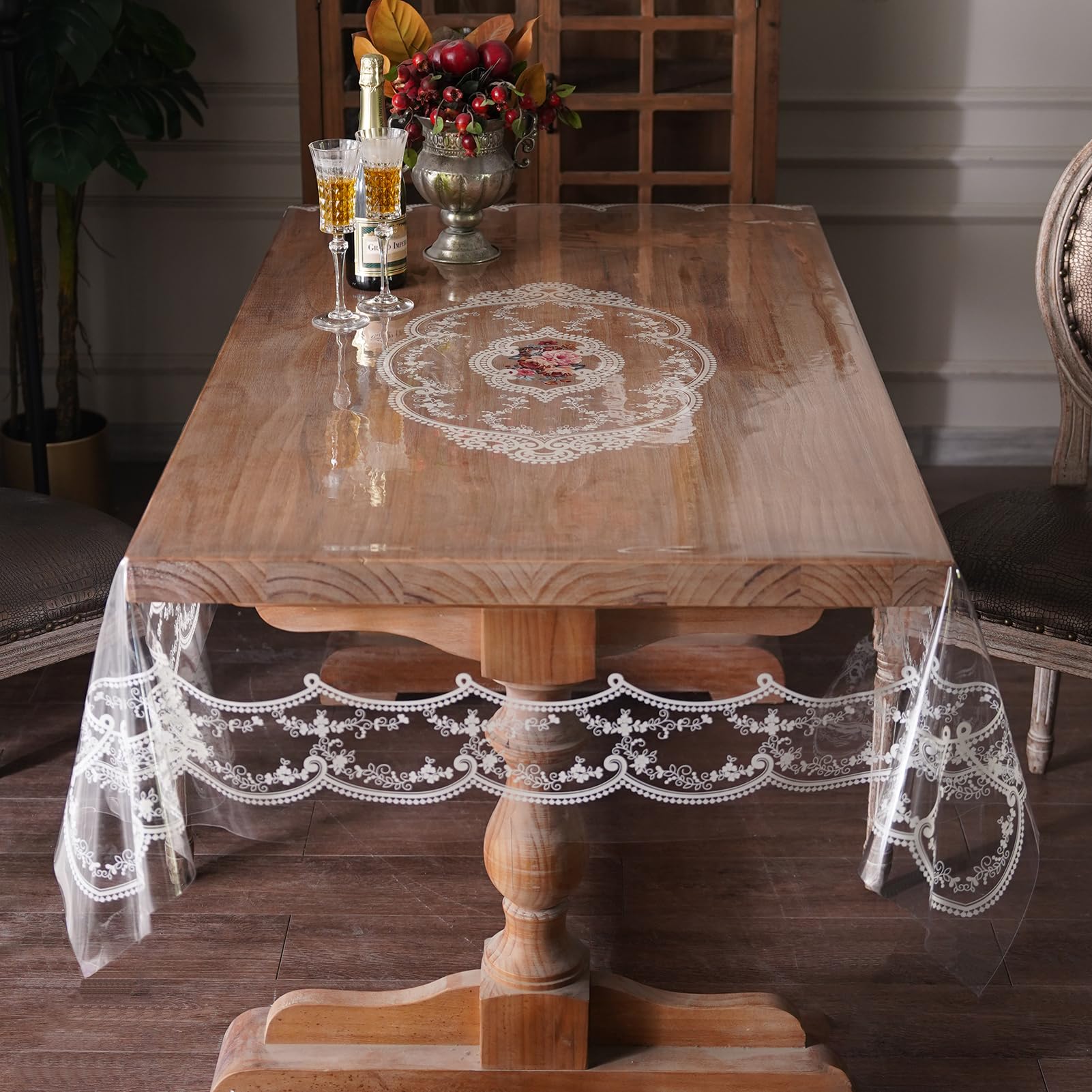 Artbloss Clear Table Cover Protector Plastic Vinyl Table Cloth with White Lace Pattern Oil Spill Proof Plastic Tablecloths for Dining Tables Parties Holidays (French Lace, 60 x 84 Inches)