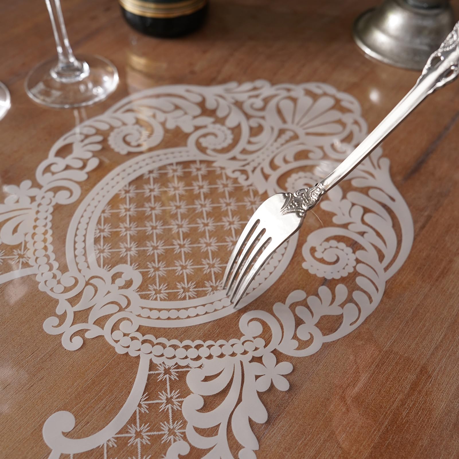 Artbloss Rectangle Waterproof Clear Table Cover Protector Vinyl Table Cloth Oil Spill Proof Wipe Clean Lace Plastic Tablecloths for Dining Tables (White, 60 x 84 Inches)