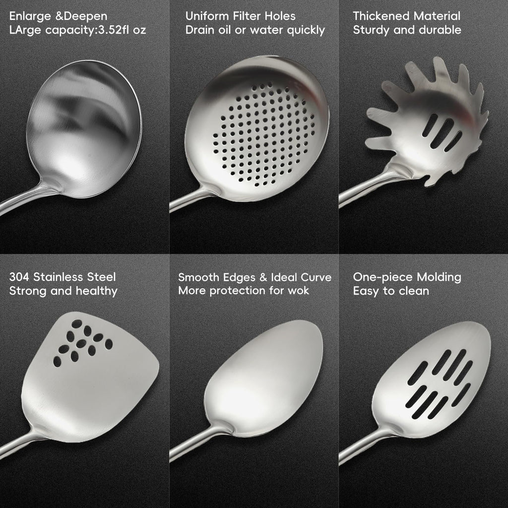 Izurok 18/10 Stainless Steel Kitchen Utensils Set,6 Piece Cooking Utensils With Wood Handle,Heat Resistant Kitchen Tool Set With Spatula, Spoon, Ladle, Skimmer, Slotted Spoon, Pasta