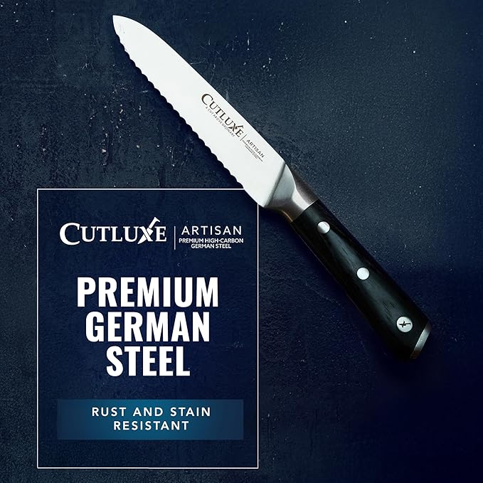 Cutluxe Serrated Tomato Knife – 5" Kitchen Utility Knife for Vegetables, Fruit & Bread – Razor Sharp Forged High Carbon German Steel, Full Tang, Ergonomic Pakkawood Handle – Artisan Series