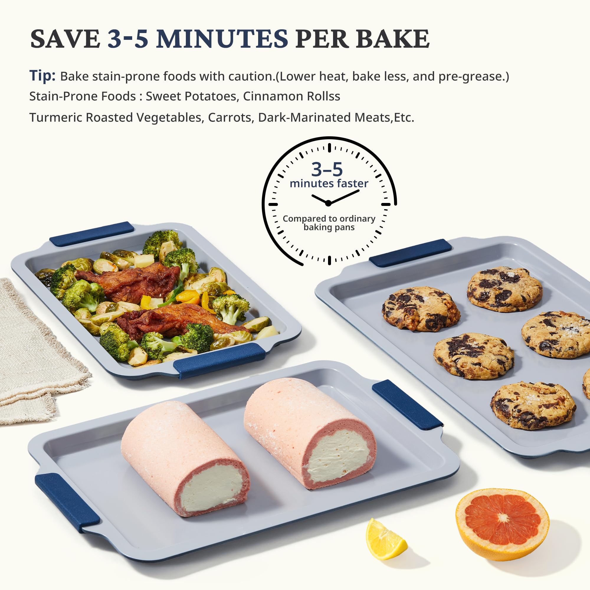 BRONYPRO Non Stick Ceramic Baking Sheet Pan Set of 3, Natural Non Toxic Cookie Sheets for Baking - PFOA, PTFE Free, Heavy Duty Aluminized Steel Oven Trays for Cooking with Silicone Handles, Navy