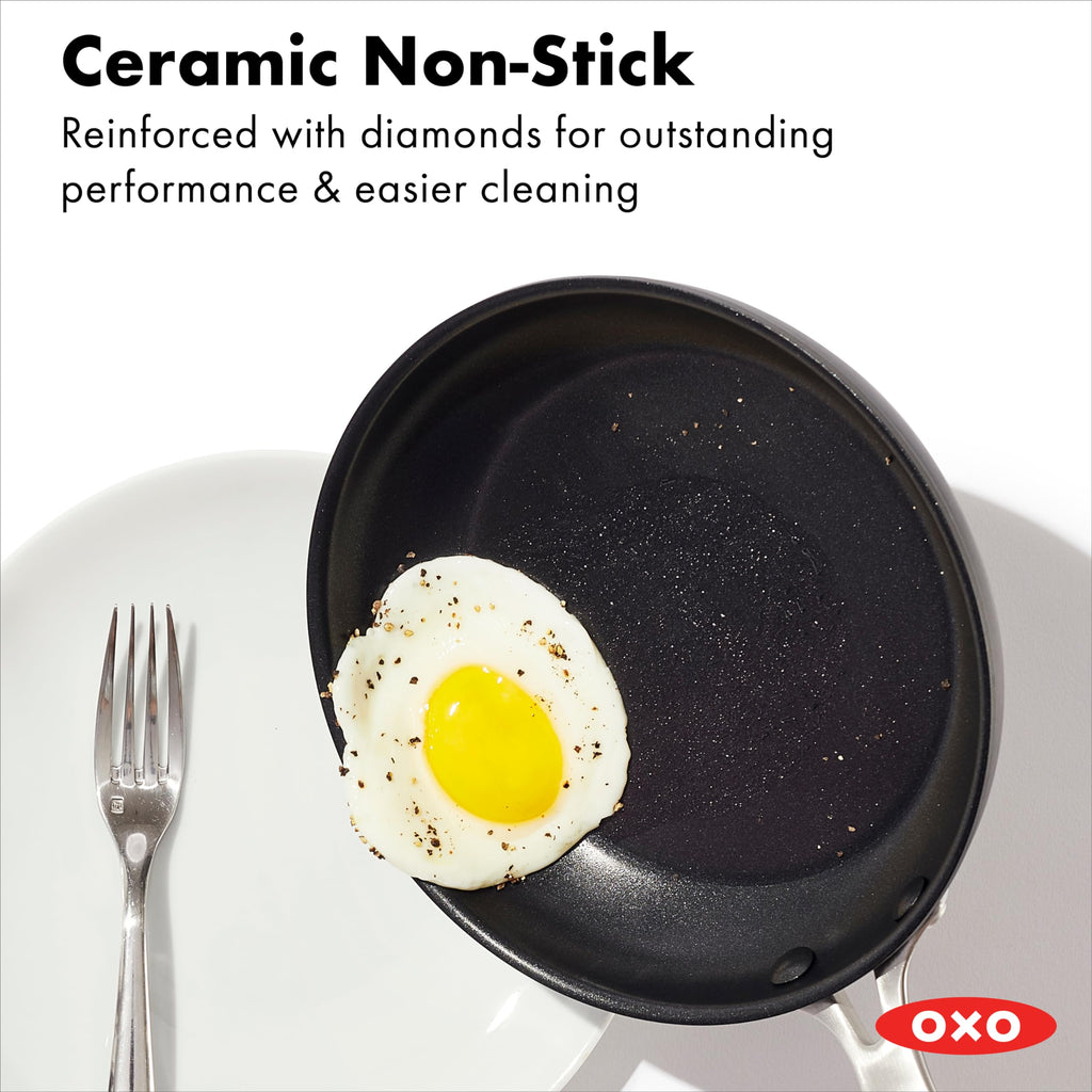OXO Enhanced 12” Nonstick Frying Pan Skillet with Lid, Ceramic PFAS-Free Cookware, Durable Hard Anodized, Scratch Resistant, Stainless Steel Handle, Eggs & Omelets, Dishwasher & Oven Safe, Black