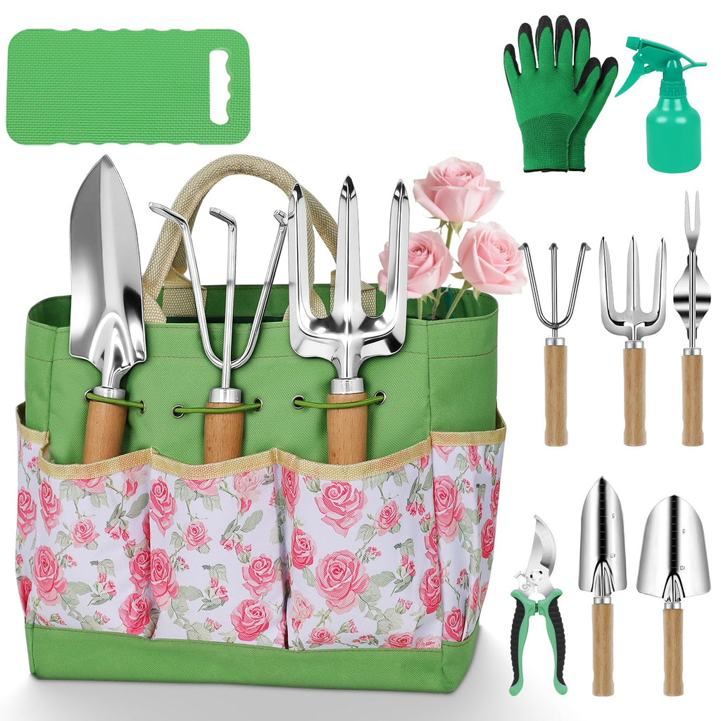 HoHaing Garden Tool Set, 10 Piece Kit with Heavy Duty Folding Stool, Detachable Storage Tote Bag, Stainless Steel Tools, Gifts for Women Men Green