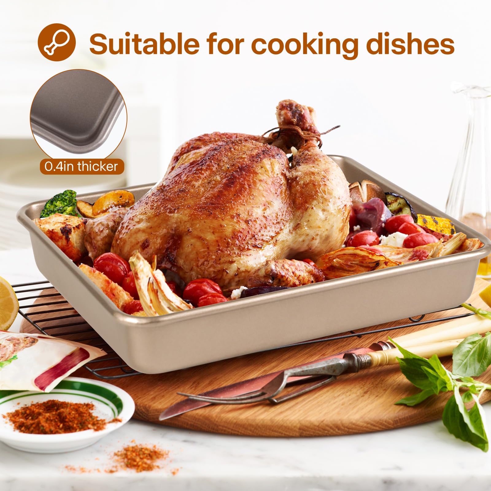 Barlket Rectangle Cake Pan, 9x11 Baking Pan Nonstick, Golden, Easy Release