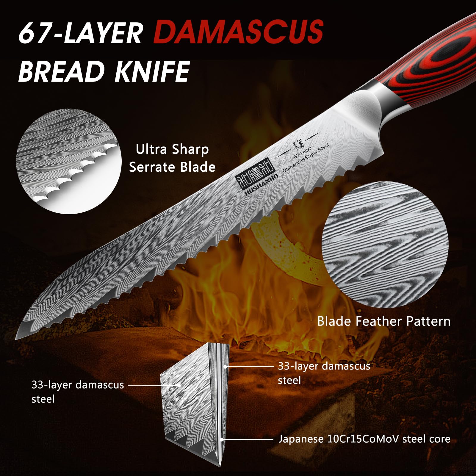 HOSHANHO 8" Damascus Bread Knife, Ultra Sharp Serrated Sourdough Knife
