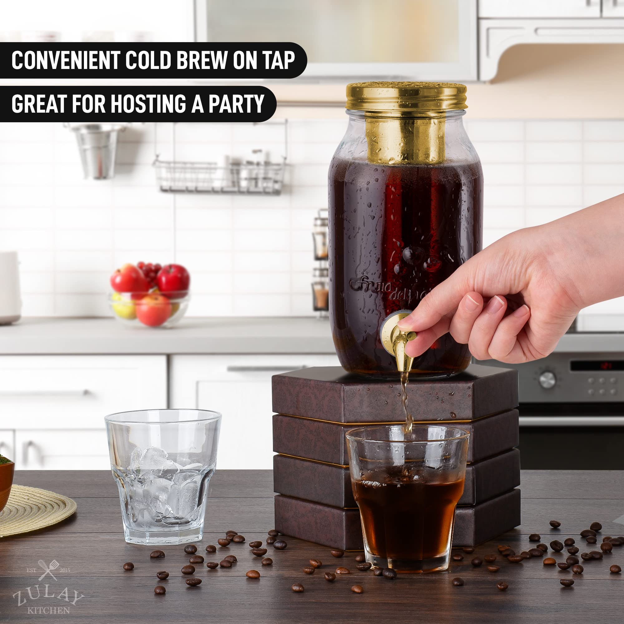Zulay Kitchen 1.5 Liter Cold Brew Coffee Maker with EXTRA-THICK Glass Carafe & Stainless Steel Mesh Filter - Premium Iced Coffee Maker, Cold Brew Pitcher & Tea Infuser (Gold)…