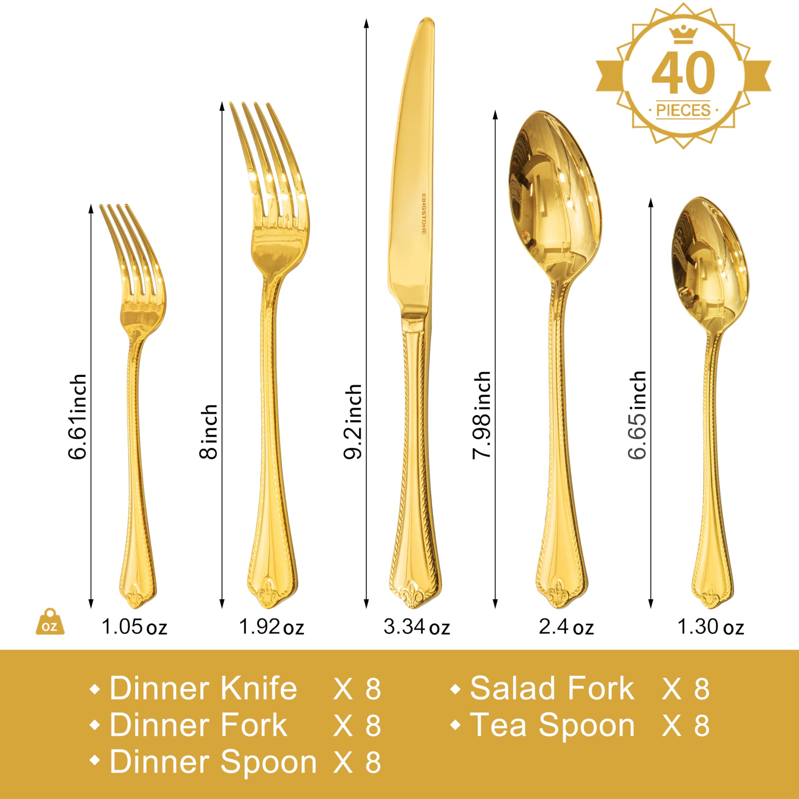 KINGSTONE 40 Pcs Gold Silverware Set, 18/10 Stainless Steel Flatware for 8