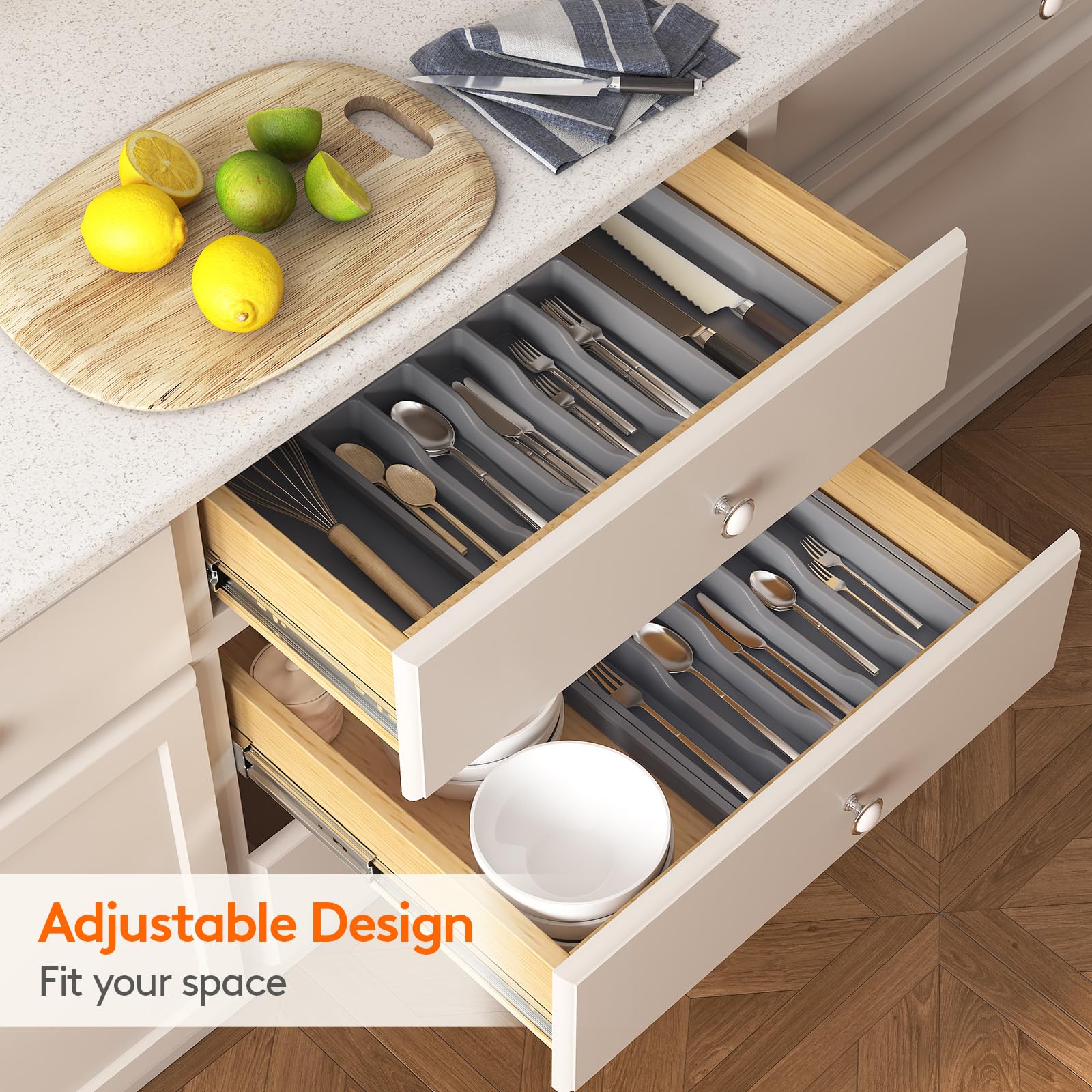 Lifewit Extra Large Silverware Drawer Organizer, Expandable Utensil Tray for Kitchen, BPA Free Flatware and Cutlery Holder, Adjustable Plastic Storage for Spoons Forks Knives, 13-22 x 15, Gray
