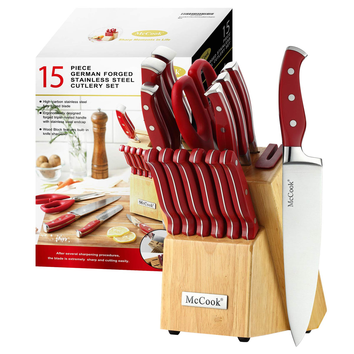McCook Knife Set Sharp Kitchen Knife Block Set w Built-in Sharpener