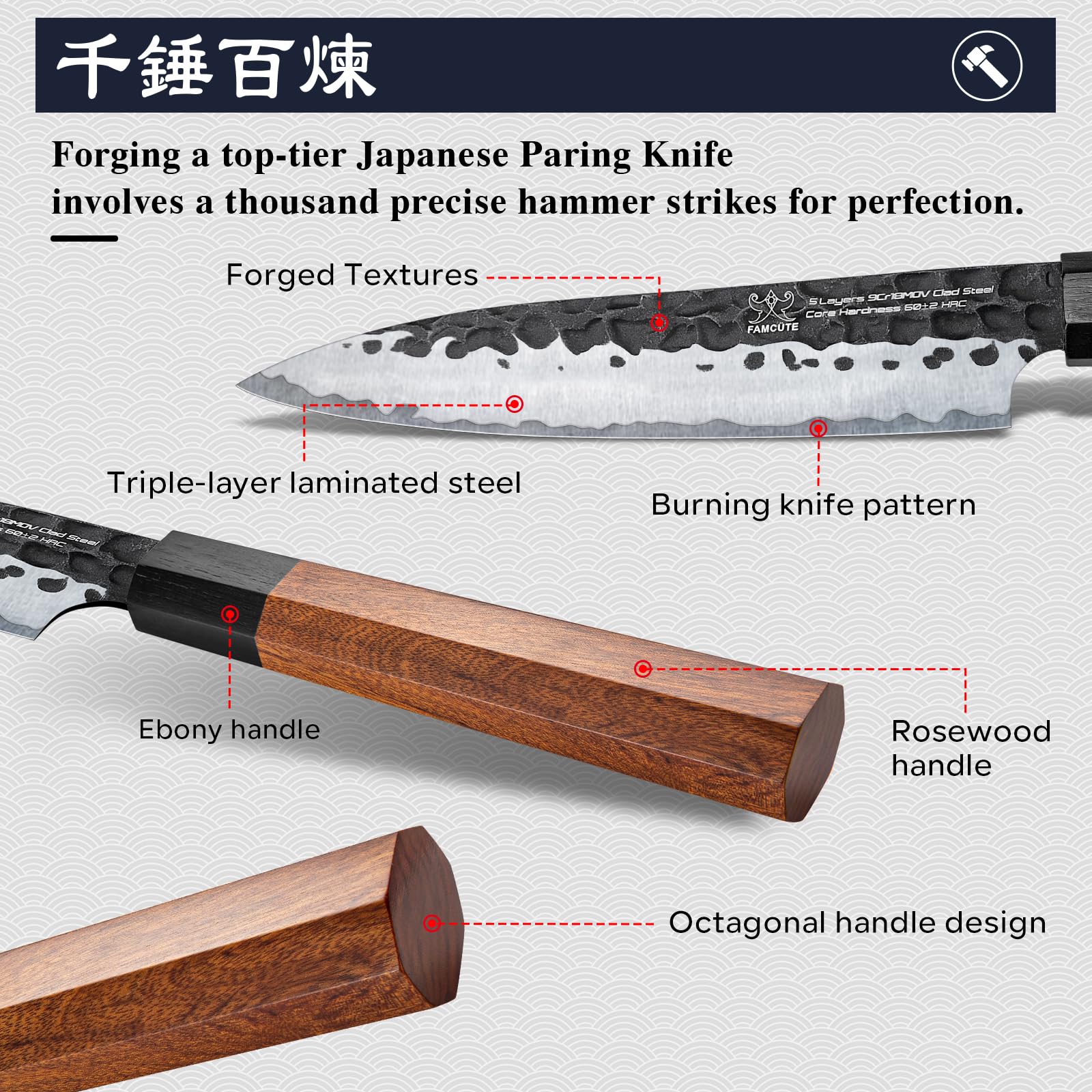 FAMCÜTE 5" Paring Knife, Hand-Forged Japanese Small Knife for Easy Control