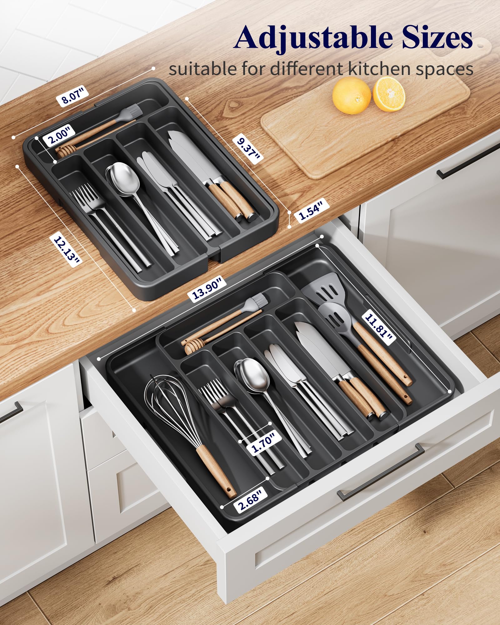 Kitsure Cutlery Drawer Organiser for Kitchen - Adjustable Cutlery Tray for Effortless Utensil Sorting, Versatile Kitchen Storage & Organisation Solution, 12.13" x 1.54" x 8.07"~13.90", Black
