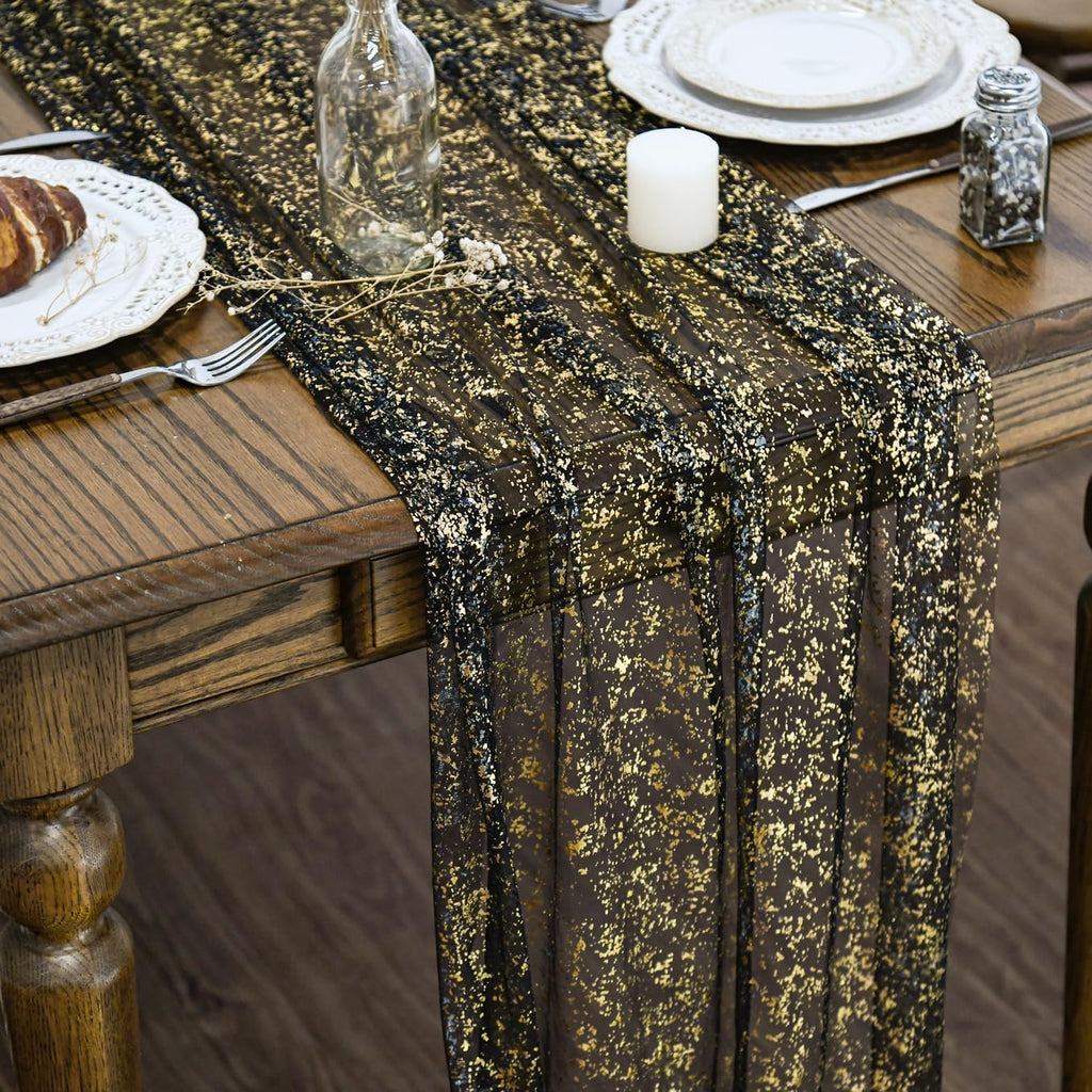 Artoid Mode Black Gold Gauze Table Runner 120 Inch 10FT, Glitter Metallic Foil Sheer Dining Wedding Anniversary Holiday Birthday Table Decor for Home Party