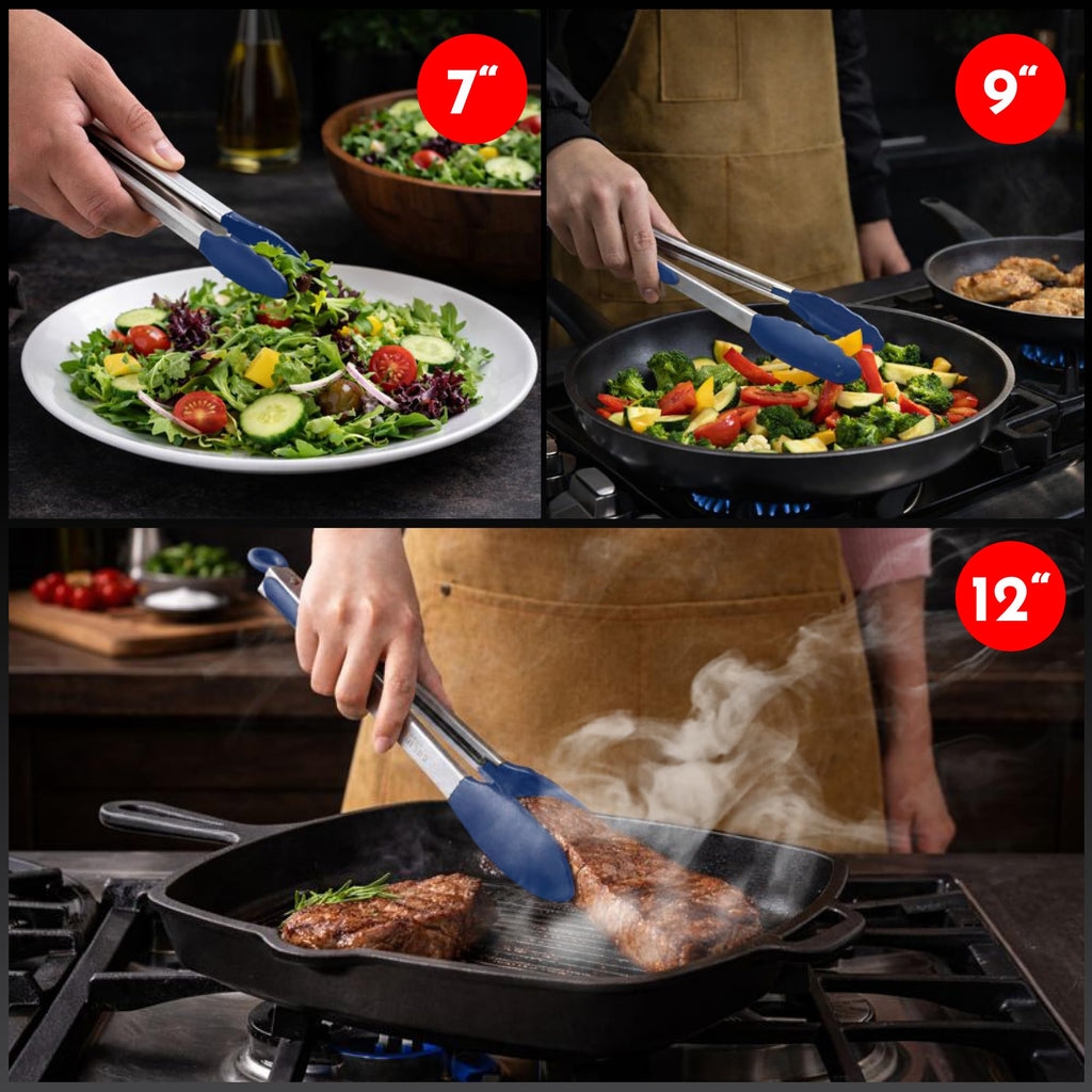 Kitchen Tongs - 12, 9 & 7 Inch Locking Silicone Tongs for Cooking, Set of 3