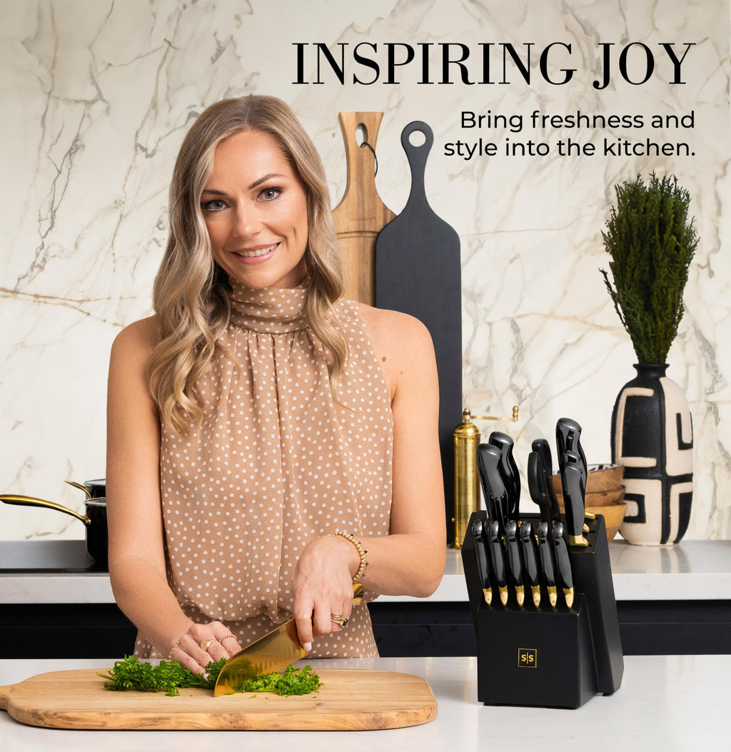 Styled Settings Black and Gold Knife Set with Block and Sharpener, 14-Piece