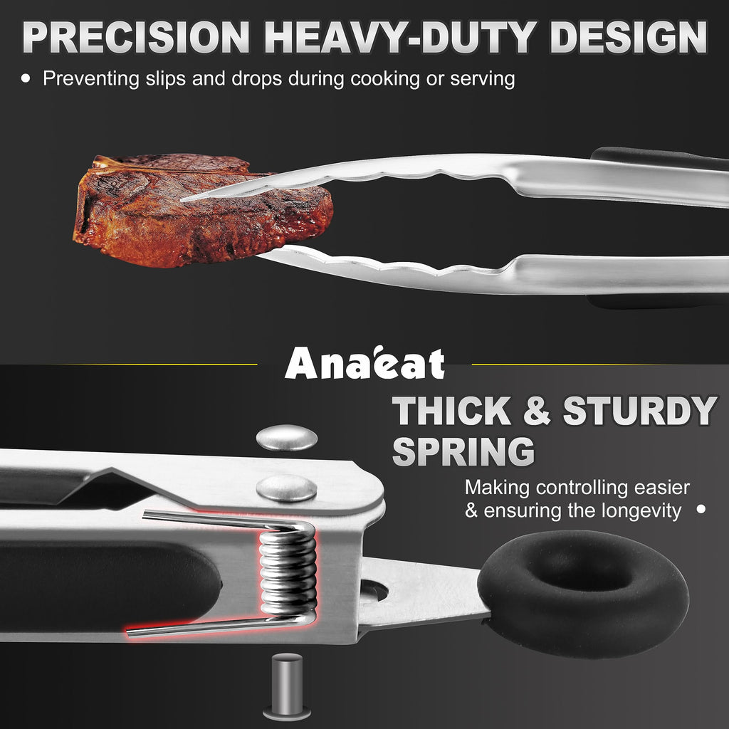 Anaeat Stainless Steel Locking Tong Set of 3 - Premium 7, 9 and 12 inch Kitchen Food Tongs with Non-Slip Silicone Tips and Grip for Serving, Cooking, Baking and BBQ - Heavy Duty & Heat Resistant