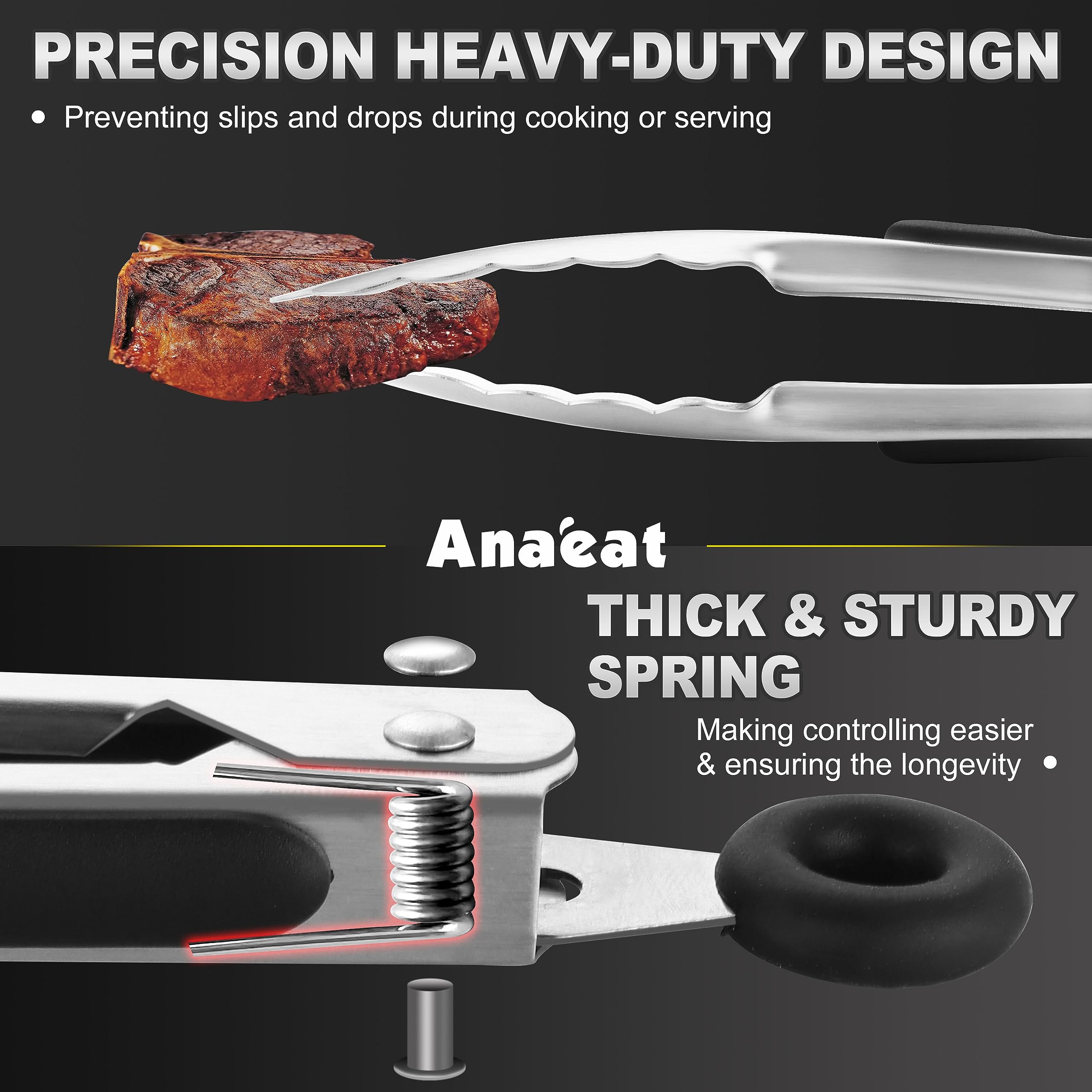 Anaeat Stainless Steel Locking Tong Set of 3 - Premium 7, 9 and 12 inch Kitchen Food Tongs with Non-Slip Silicone Tips and Grip for Serving, Cooking, Baking and BBQ - Heavy Duty & Heat Resistant