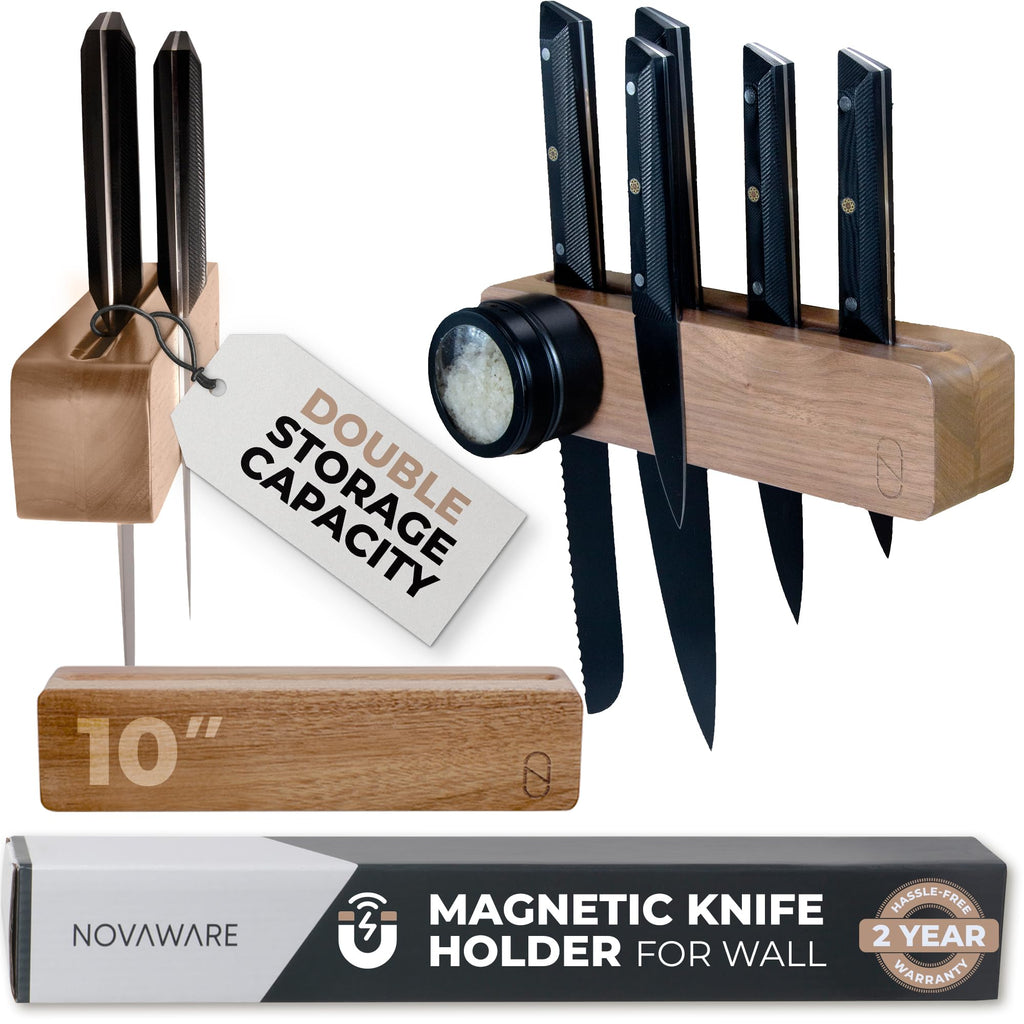 Walnut 16 inch Magnetic Knife Holder for Wall with 2x Storage & Charming Wood - Knife Magnetic Strip, Under Cabinet Magnet Knives Storage - Magnet Strip Rack Kitchen Utensil Holder Organizer Tool