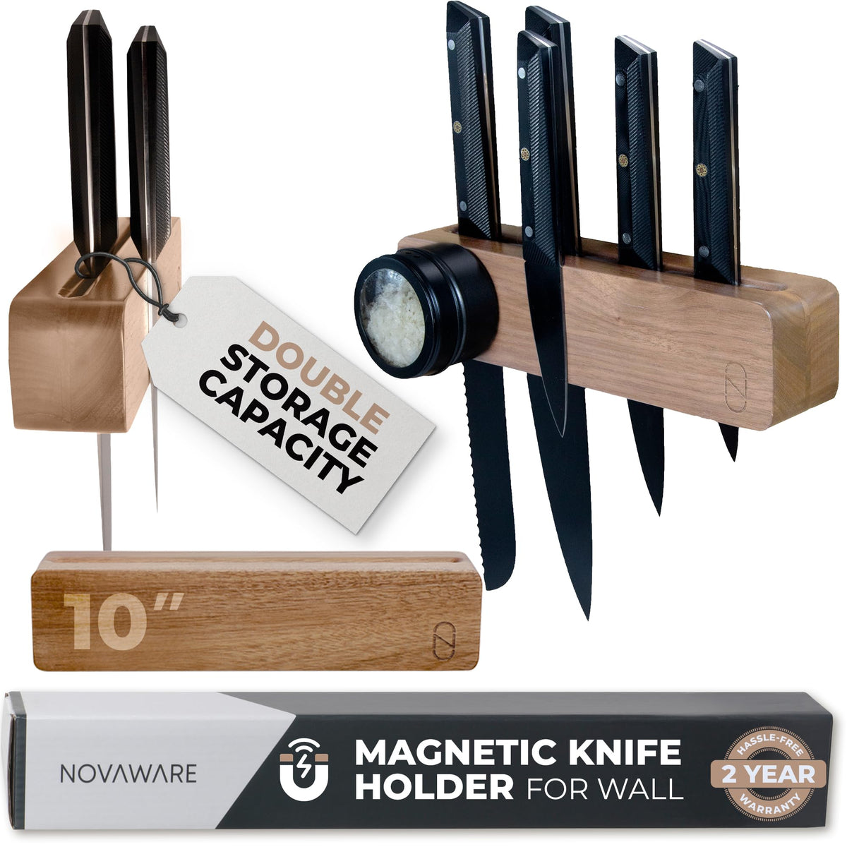 Walnut 16 inch Magnetic Knife Holder for Wall with 2x Storage & Charming Wood - Knife Magnetic Strip, Under Cabinet Magnet Knives Storage - Magnet Strip Rack Kitchen Utensil Holder Organizer Tool