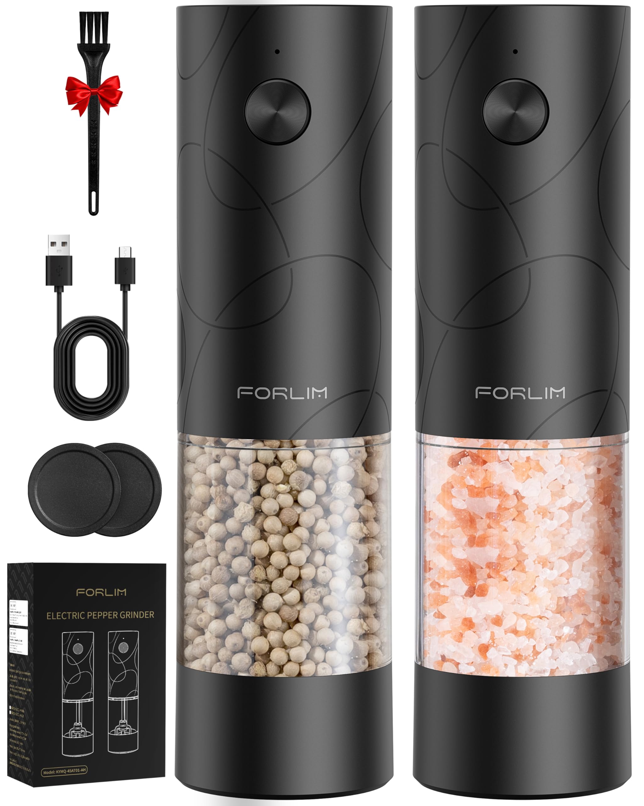 FORLIM Electric Salt & Pepper Grinder Set, Rechargeable 2 Pack, Dual Black