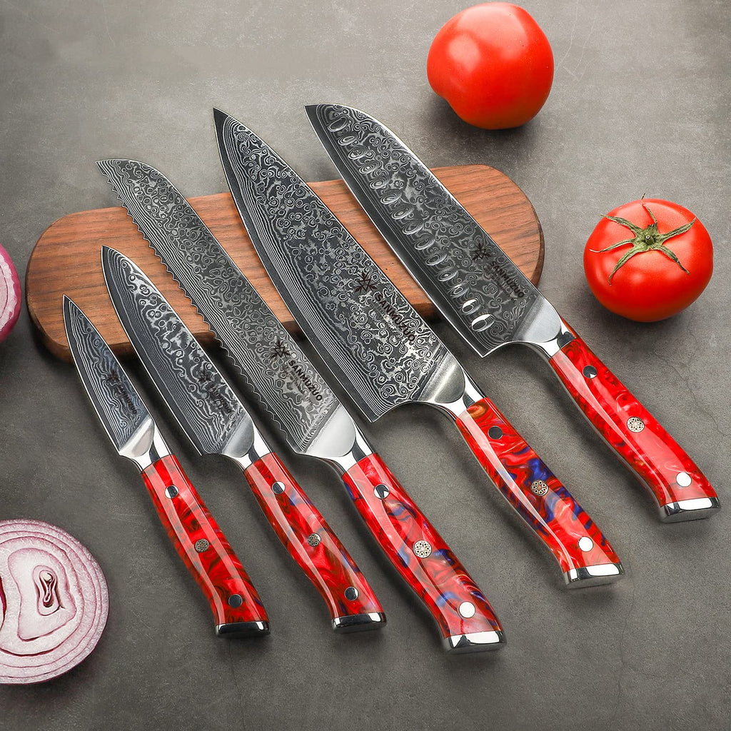 SANMUZUO Chef Cooking Knives Set- Kitchen Knife Set of 5 Piece - Ultra-Sharp VG10 Damascus Steel & Resin Handle - Xuan Series (Sunset Red)