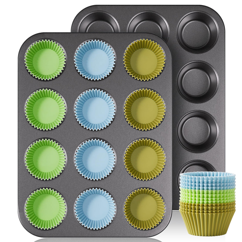 HONGBAKE Muffin Pans for Baking, Nonstick Cupcake Tin with 120 Parchment Liners, 2 Pack 12 Cup Premium Cheesecake Trays - Gray