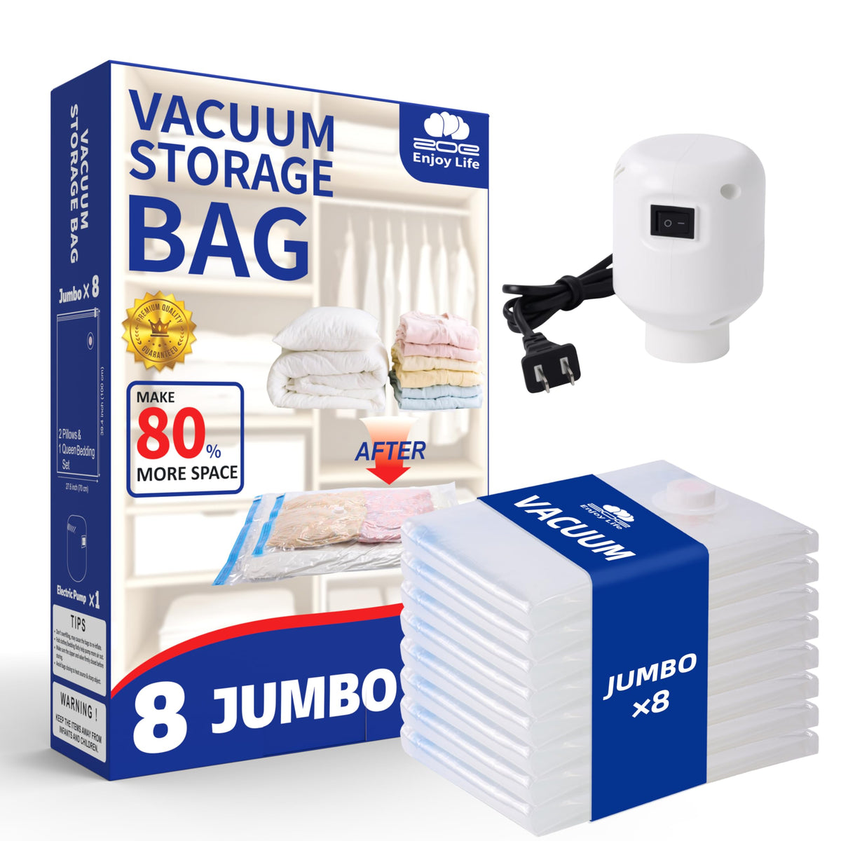 ZoeEnjoyLife Vacuum Storage Bags with Electric Pump 8 Pack Jumbo Size