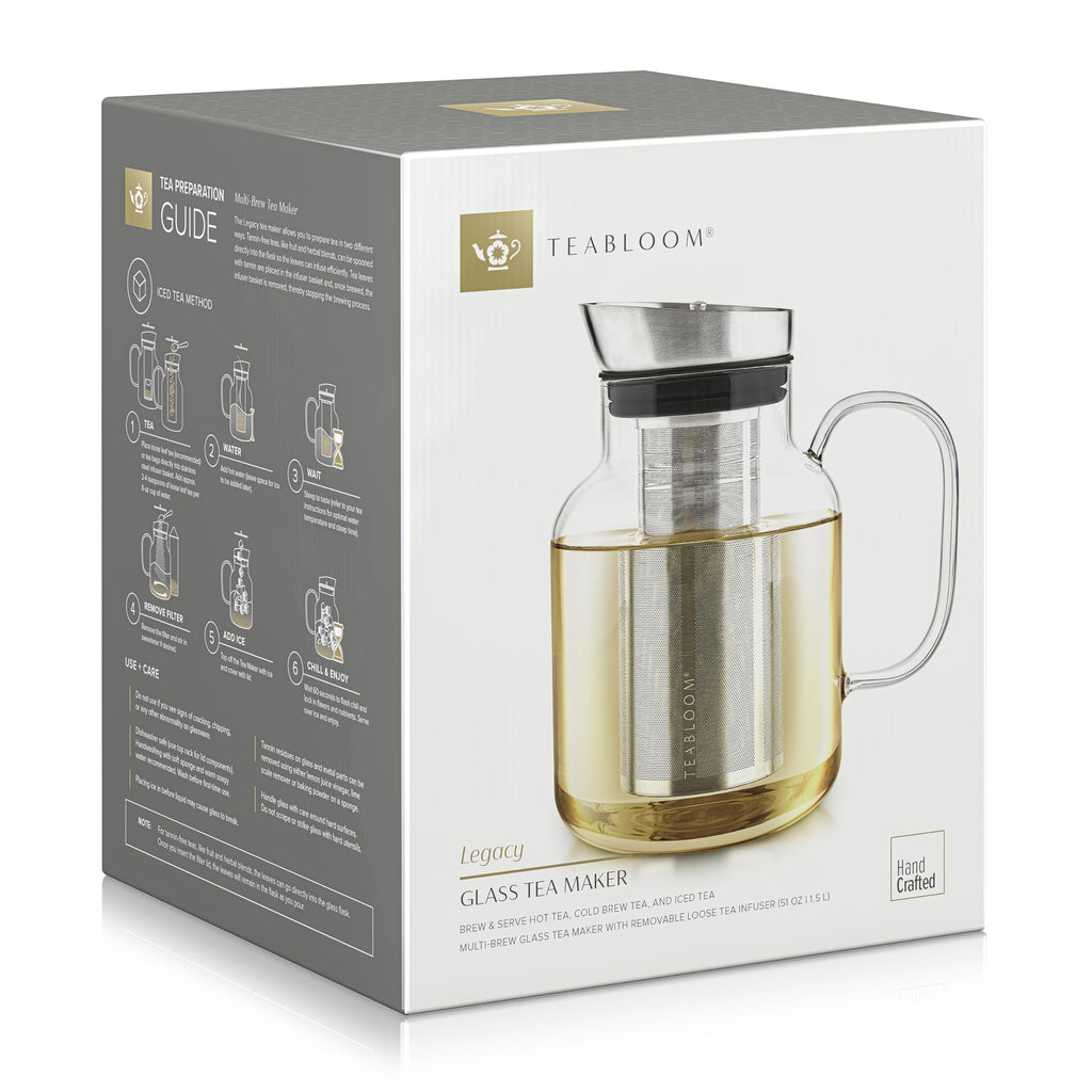 Teabloom 100% Plastic-Free Large Multi-Brew Borosilicate Glass Teapot + Kettle + Pitcher – Steep and Serve Hot Tea, Iced Tea, Cold Brew Tea and Fruit Infused Water – Legacy Tea Maker