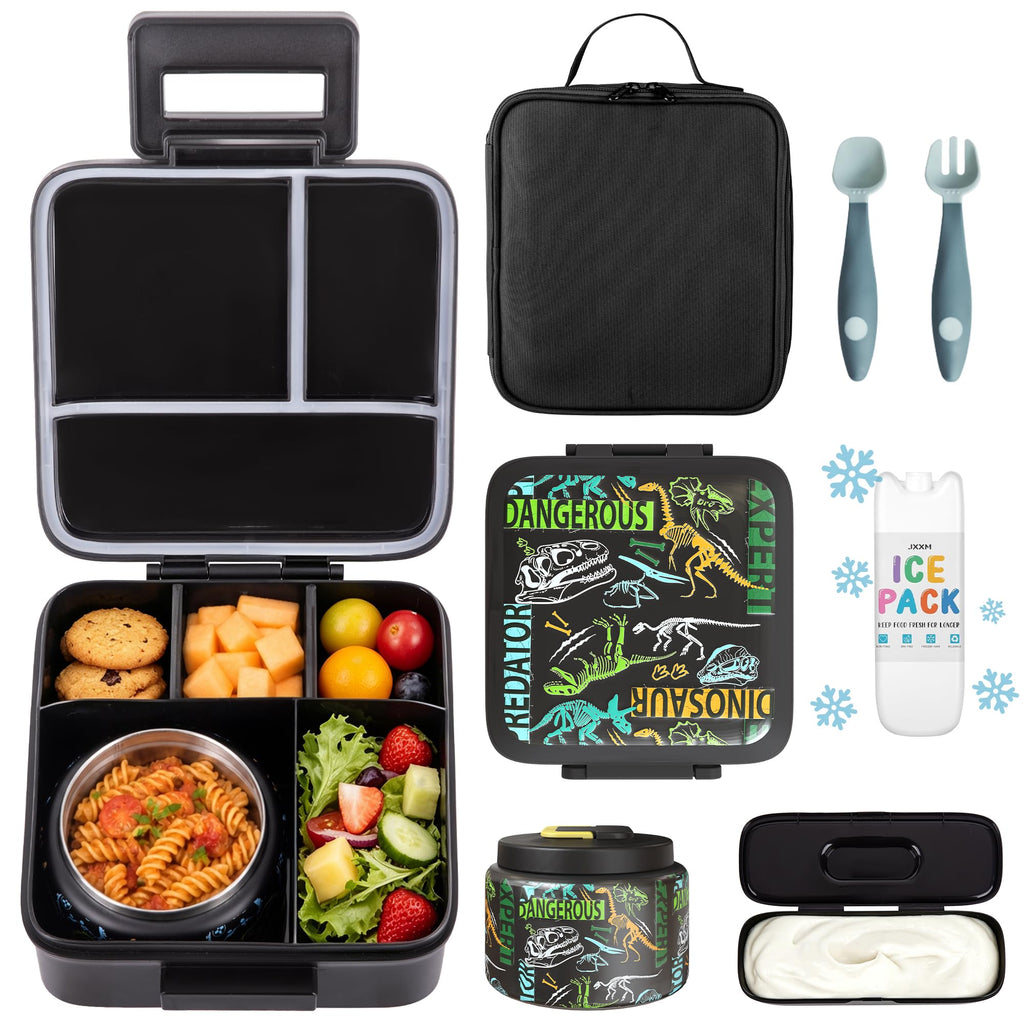 JXXM Bento Lunch Box for Kids With 8oz Soup thermo,Leak-proof Lunch Containers with 5 Compartment,thermo Food Jar and Lunch Bag, Food Containers for School (A-Blue(Dinosaur))