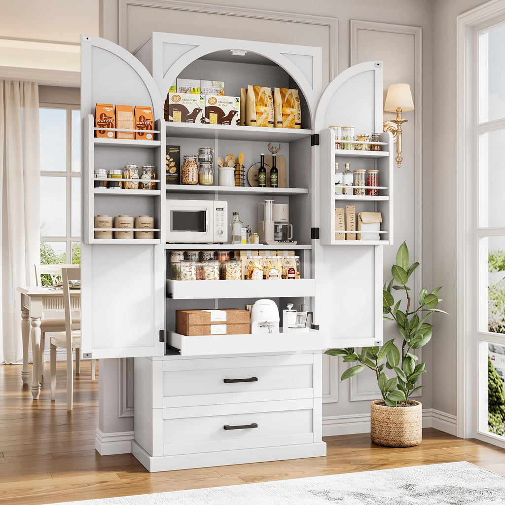 iPormis 71" Tall Kitchen Pantry Storage Cabinet w/Adjustable Shelf, Door Shelves & Large Drawers, Freestanding Kitchen Cupboard for Dining Room/Living Room, White