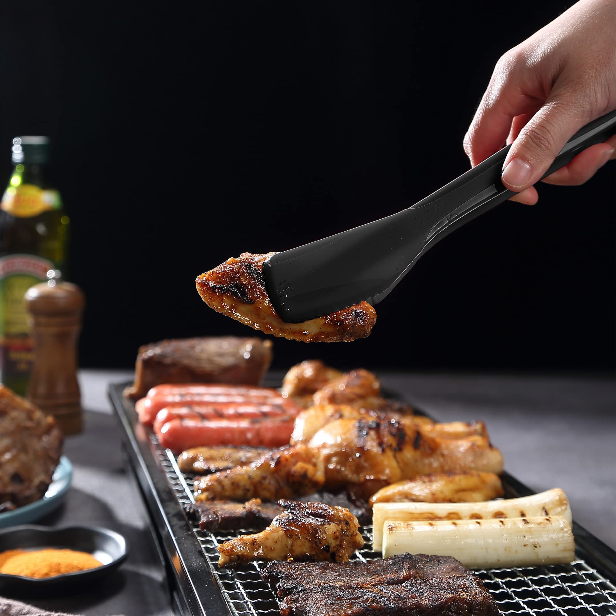 Mu&Ti Silicone Kitchen Tongs 2-in-1 11 In Premium Stainless Steel Barbecue Clamp Multipurpose BBQ Clamp Spatula for Gripper Bread Clip/Fried Steak Clamp/Flipping Fish/Beefsteak Flipper Two Set(Black)