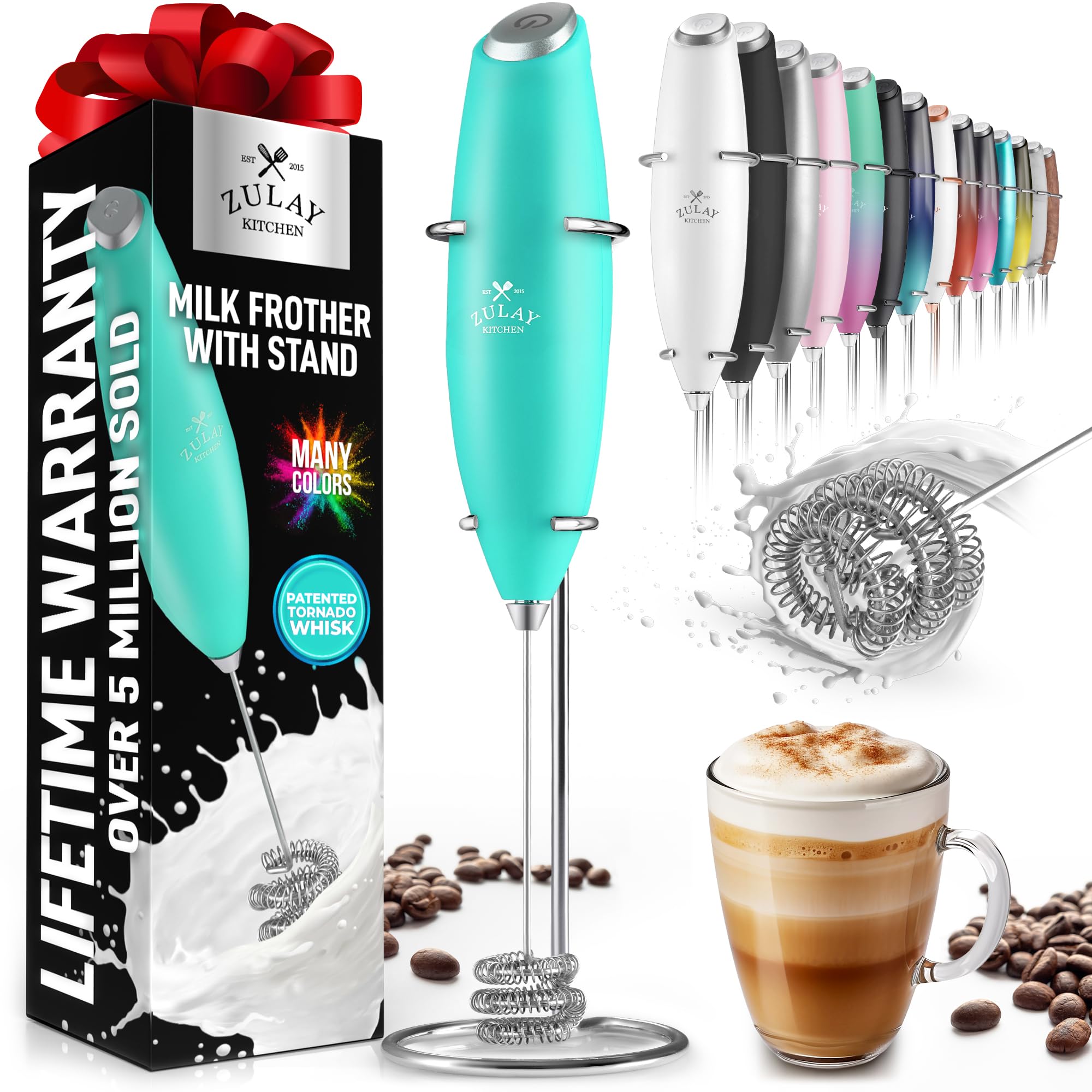 Zulay Powerful Milk Frother for Coffee with Upgraded Titanium Motor - Handheld Electric Whisk, Milk Foamer, Mini Mixer & Coffee Blender for Frappe, Latte, Matcha, No Stand - Pristine Teal