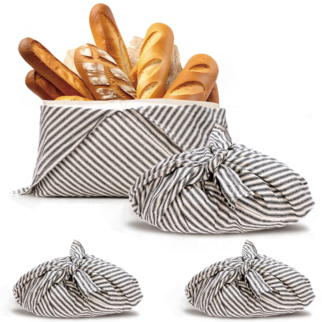 yeload 2 Pack Beeswax Bread Bags, Striped Linen Bento Bags, 14" Cotton Loaf Bag, Reusable Organic Food Storage, Sourdough Bag, Rustic Farmhouse Azuma Bukuro Origami Wrap for Baked Gifts (Black, 2)