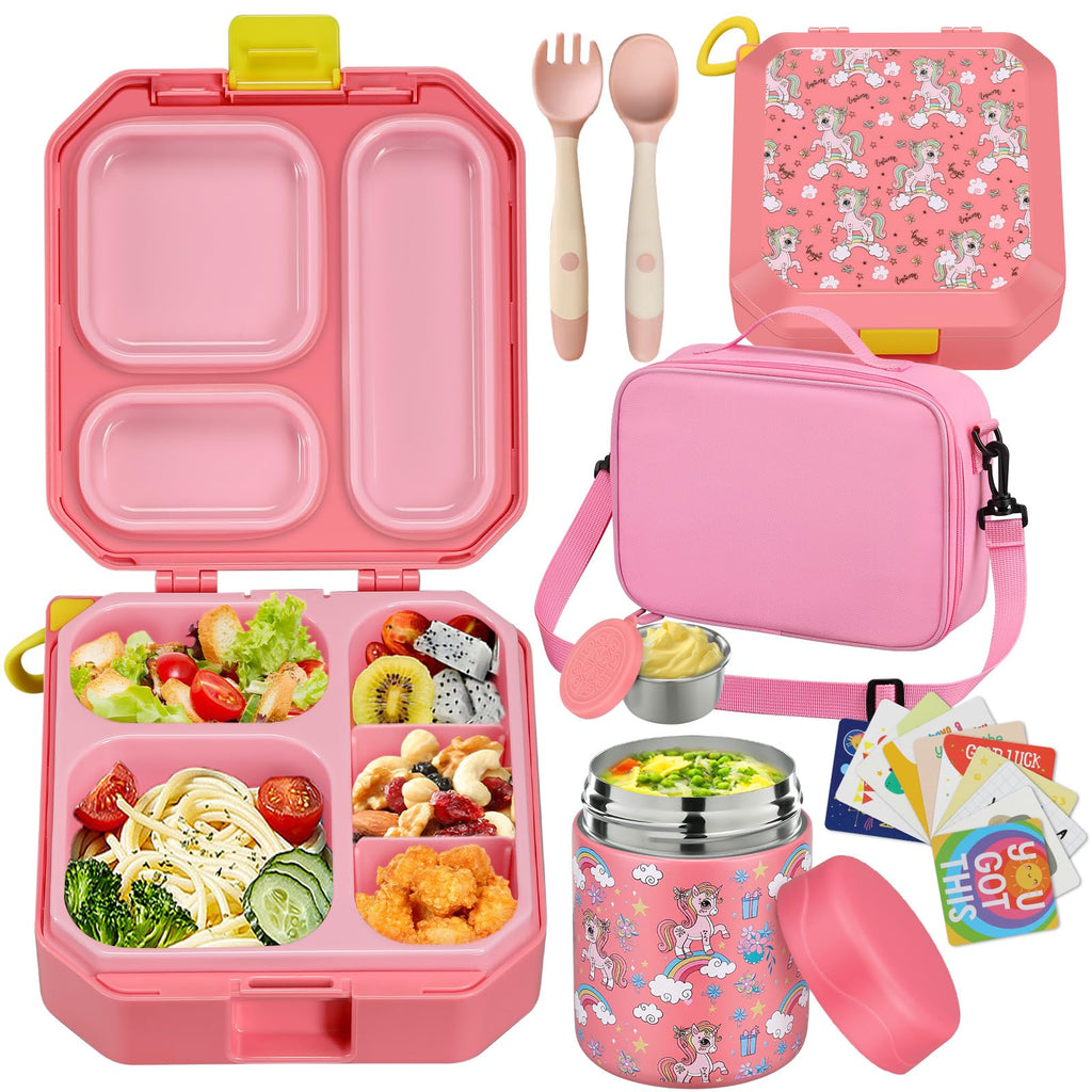 wiwens Bento Lunch Box for Kids with 12oz Soup Thermo Leak-Proof Lunch Food Container with 5 Compartment Thermo Hot Food Jar and Insulated Lunch Bag for Kid Toddler Girls Boys to School