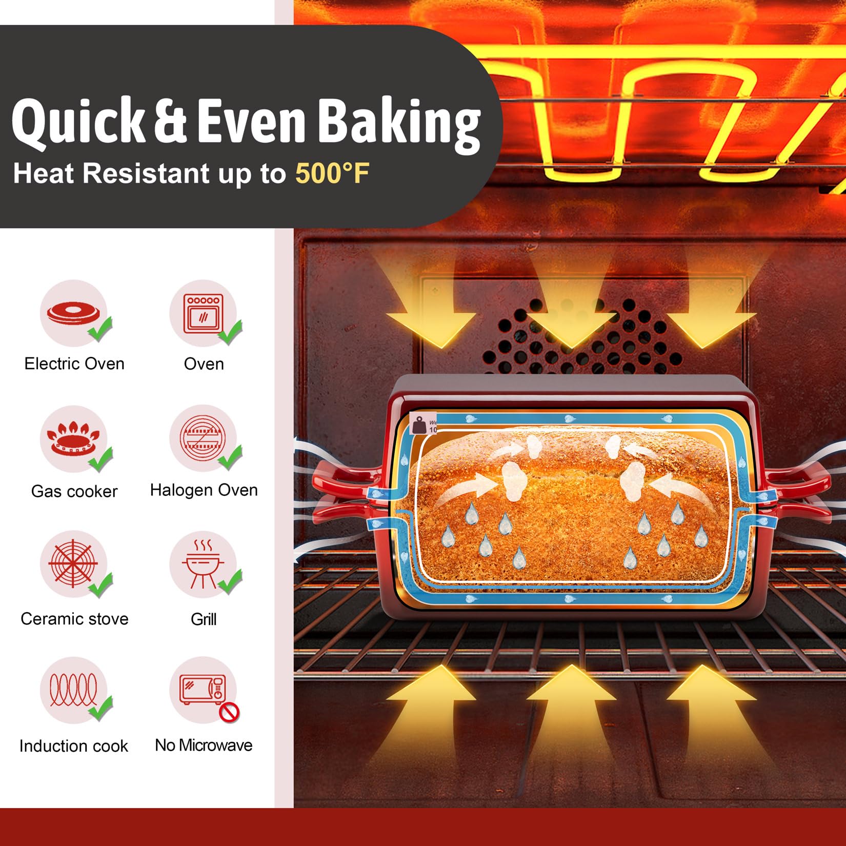 P&P CHEF 2-In-1 9 x 5 Inch Cast Iron Loaf Pan with Lid, Red