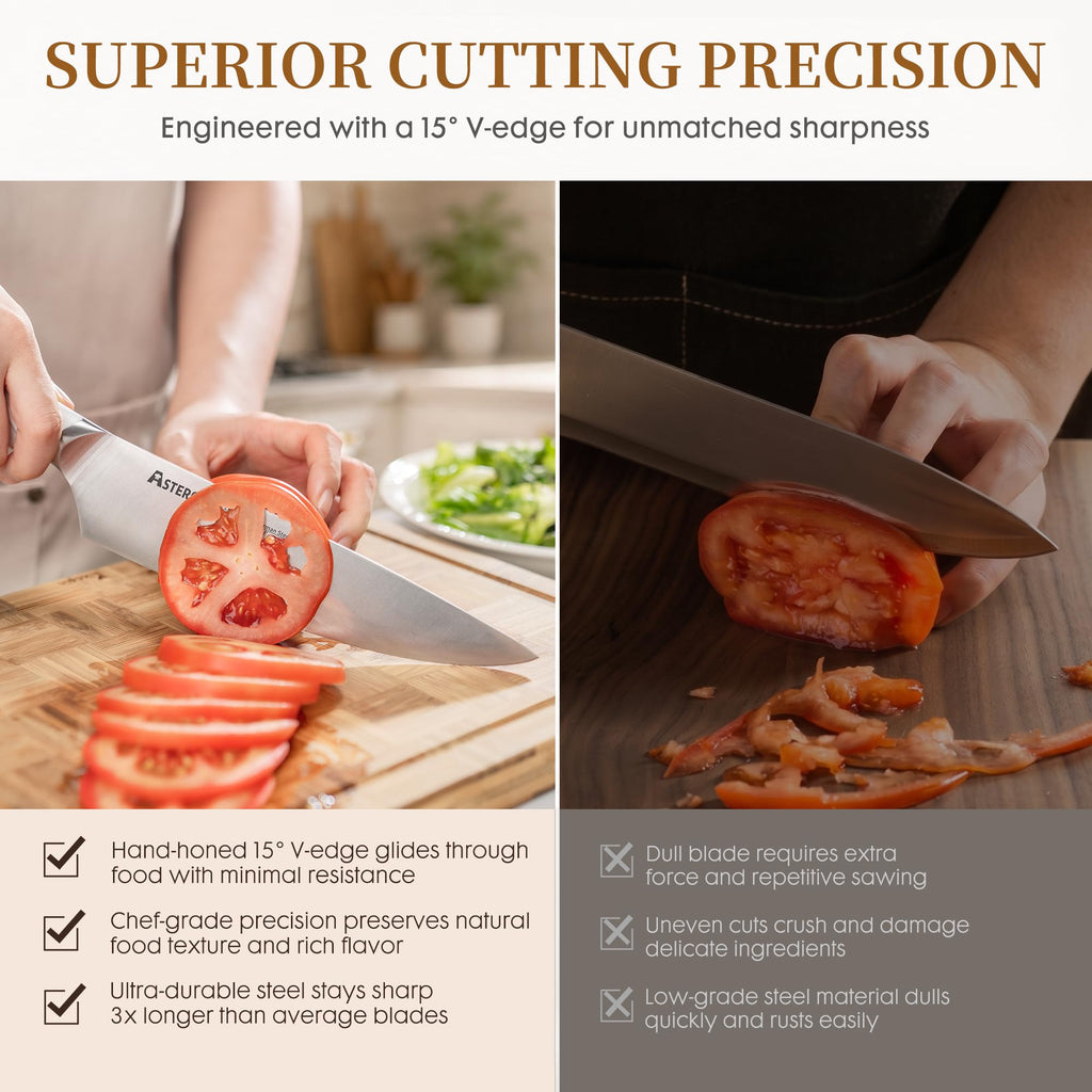 Knife Set, Astercook Kitchen Knife Set with Block, 15 Pcs Luxurious High Carbon German Stainless Steel Knives Set with Full Tang Ergonomic Handle, Dishwasher Safe Knife Set with Sharpening Rod, White