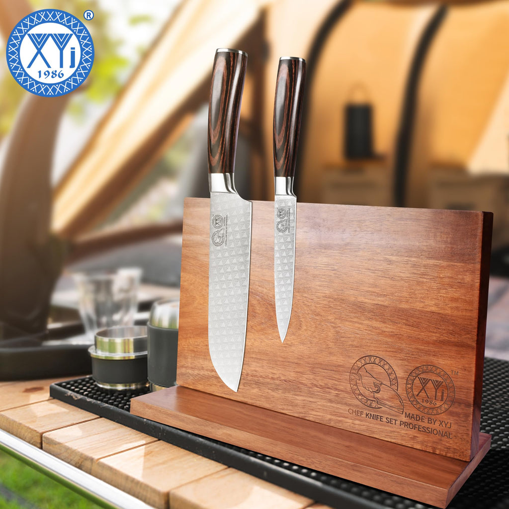 XYJ Magnetic Knife Block, Acacia Wood Knife Holder with Strong Magnets