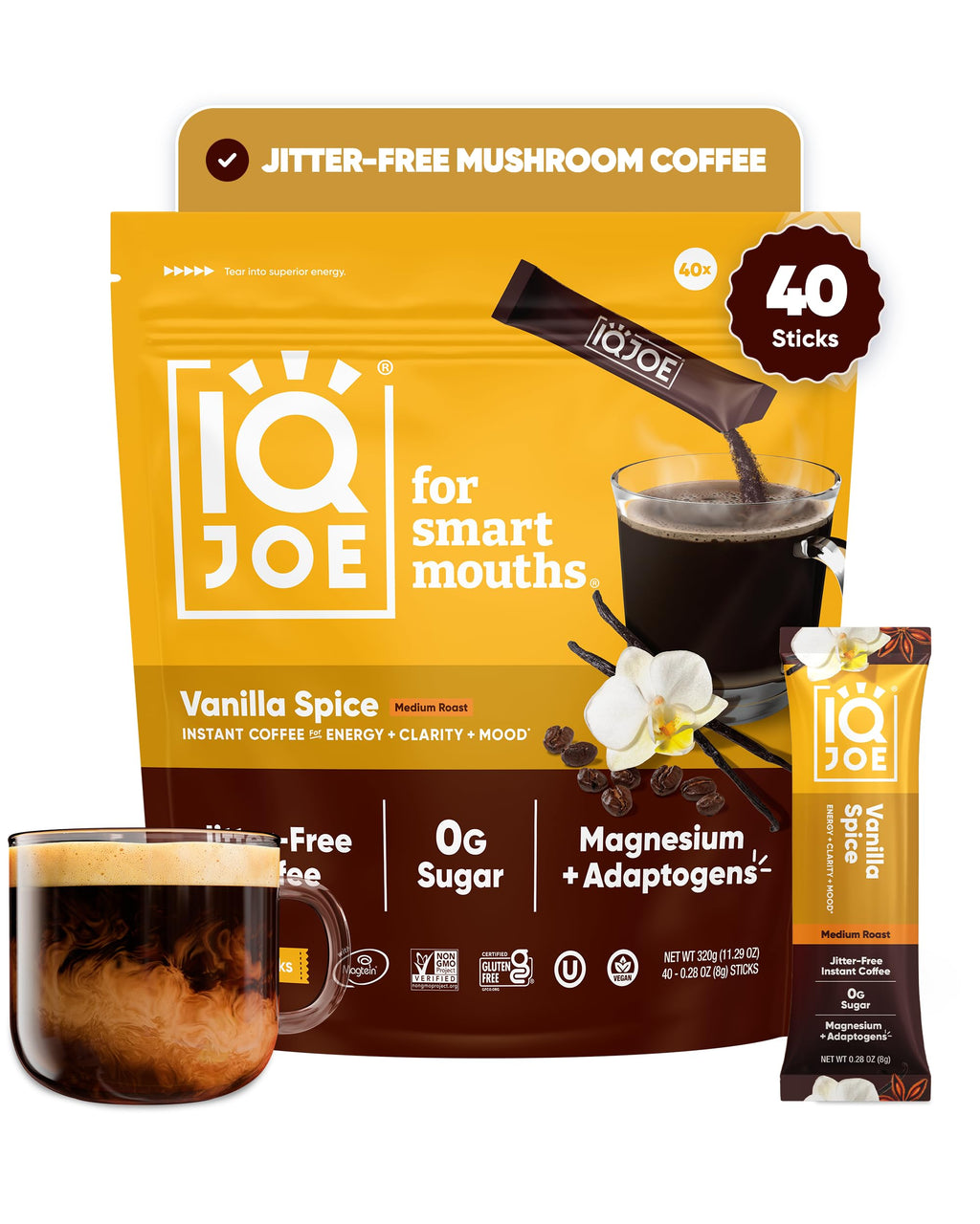 IQJOE Instant Mushroom Coffee Packets, Variety Pack, 16 Stick Packs