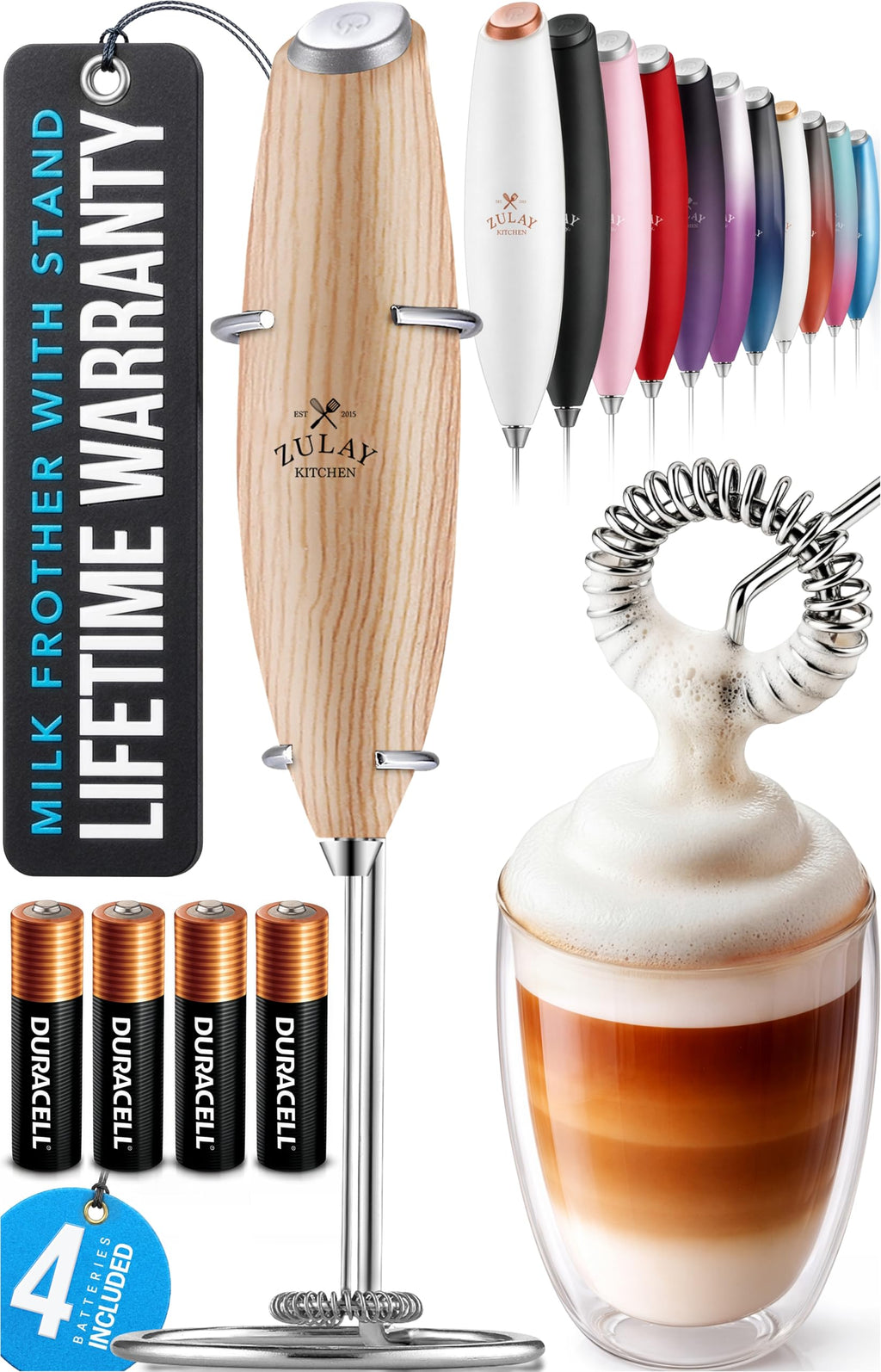 Zulay Kitchen Powerful Milk Frother Wand With Duracell Batteries - Ultra Fast Handheld Drink Mixer - Electric Whisk Foam Maker for Coffee, Lattes, Cappuccino & Matcha - Z1 Motor - Aqua