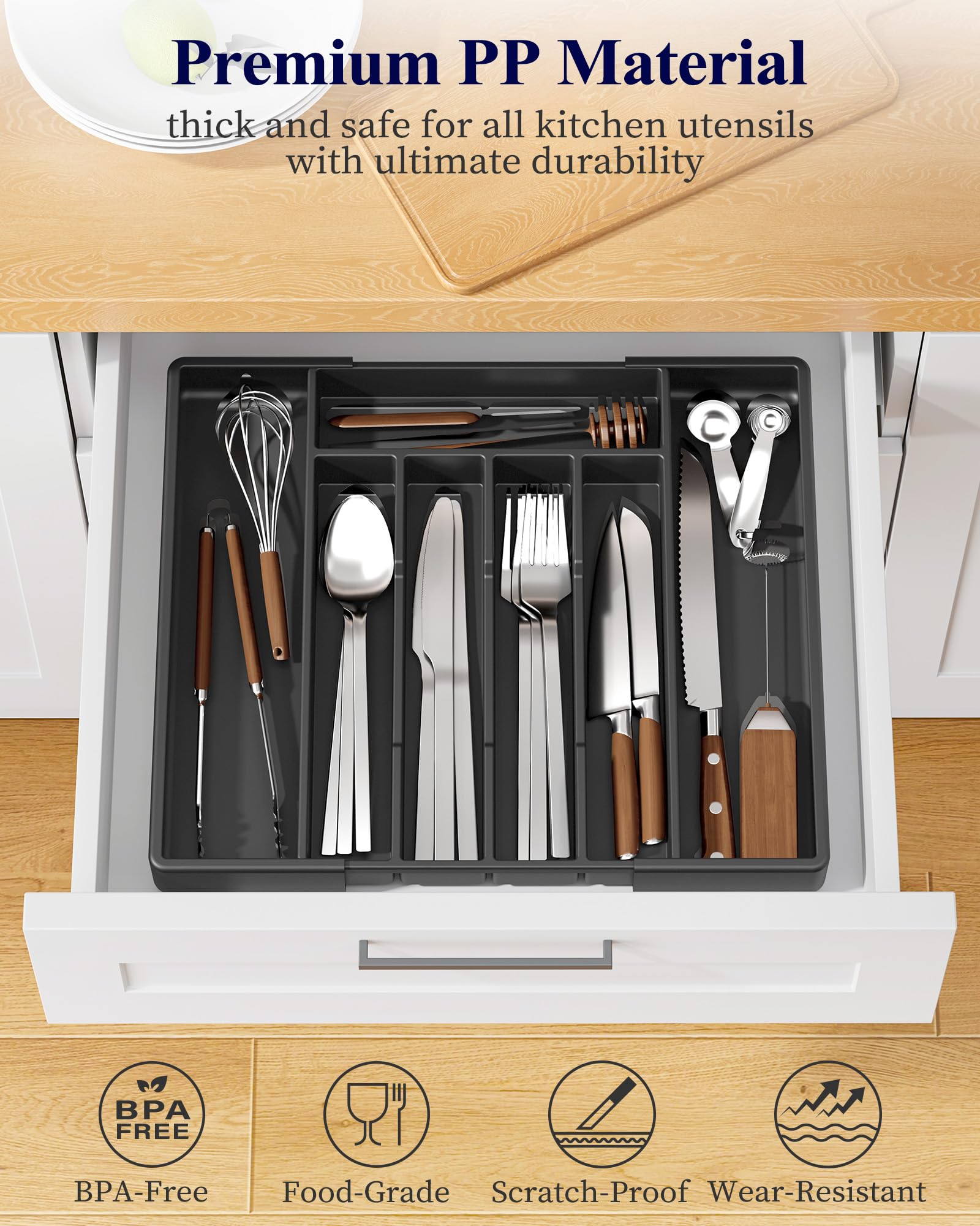 Kitsure Silverware Organizer for Drawers - Expandable Cutlery and Utensil Drawer Organizer with Easy Maintenance, Premium PP Kitchen Organizers and Storage for Flatware, White, 13.2" x 12.2" x 1.6"