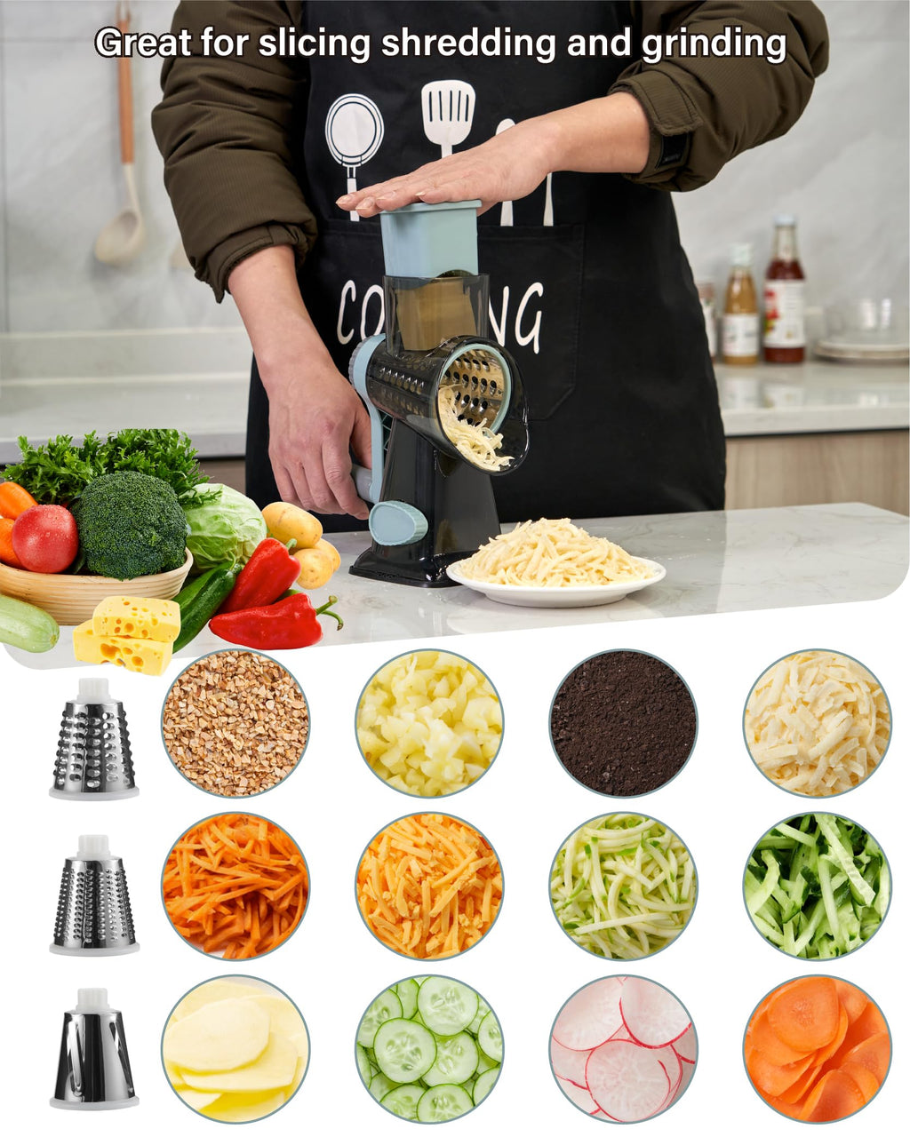 ALEXPHY Rotary Cheese Grater hand crank 3 blades with Stronger Suction Base | Stainless Steel Blades for Fruits, Vegetables, Nuts. Dishwasher Safe & Easy to Clean, Transparent Black & Blue