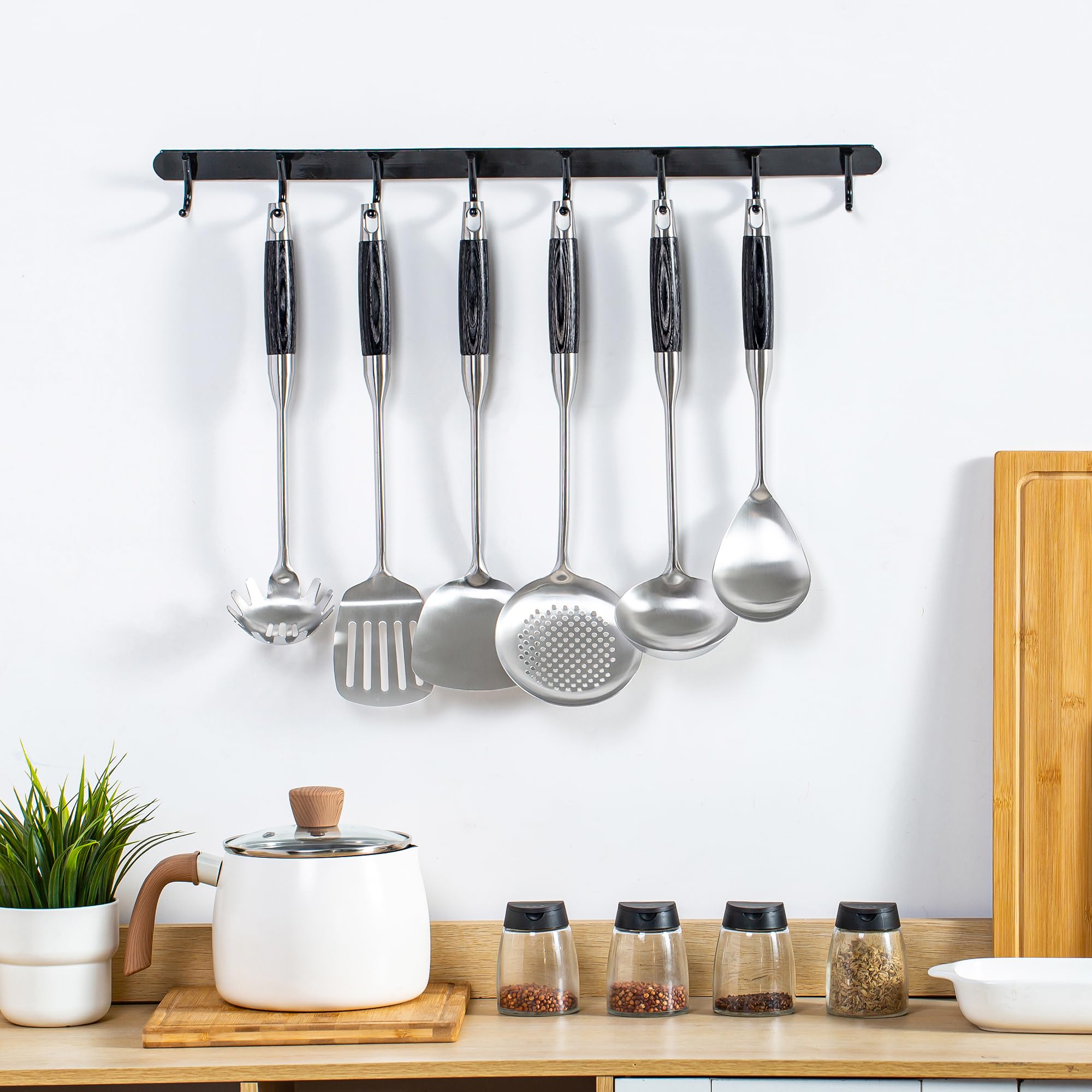 FJNATINH Stainless Steel Kitchen Utensils, Set of 6 Cooking Tools with Wooden Handle, Wok Spatula, Soup Ladle, Skimmer Spoon, Slotted Spatula Turner, Spaghetti Server, Solid Spoon