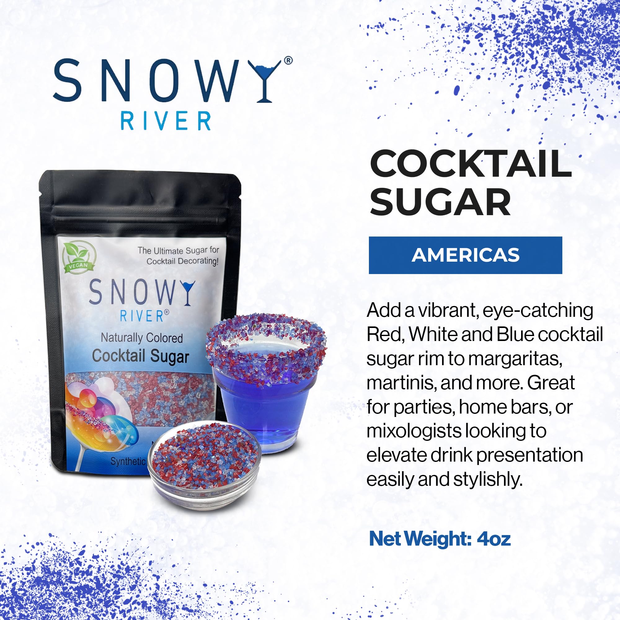 Snowy River Natural Cocktail Sugar Rimmer - Kosher Certified Naturally Colored Beverage Rimming Sugar for Cocktails, Margaritas, Drinks (America, 4 Ounce (Pack of 1))