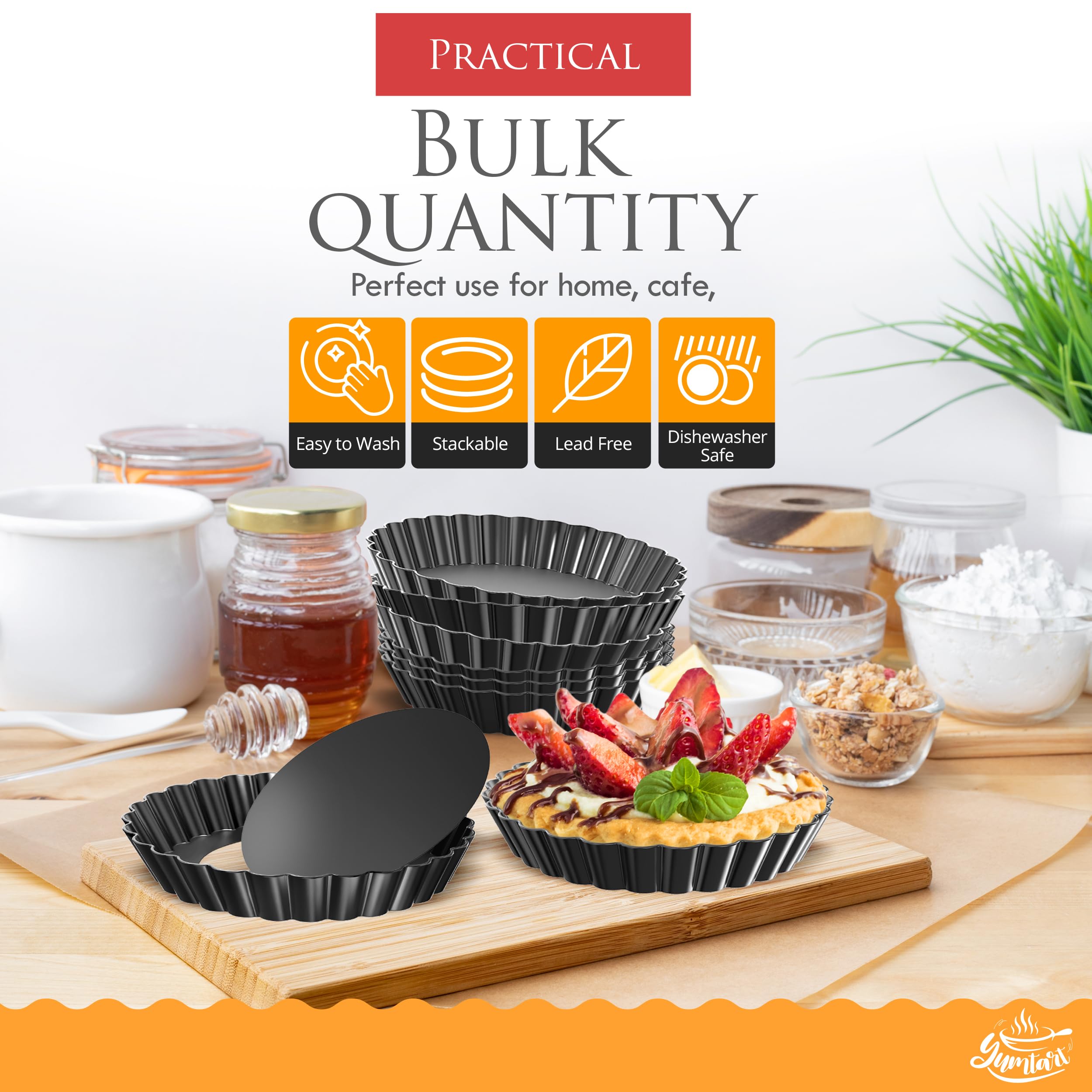 YUMTART 4 Inch Round Tart Pan 8 Pieces, False Bottom Pie Pan, Deep Fluted Tart and Quiche Pan with Removable Bottom - Non-Stick Tart Pan