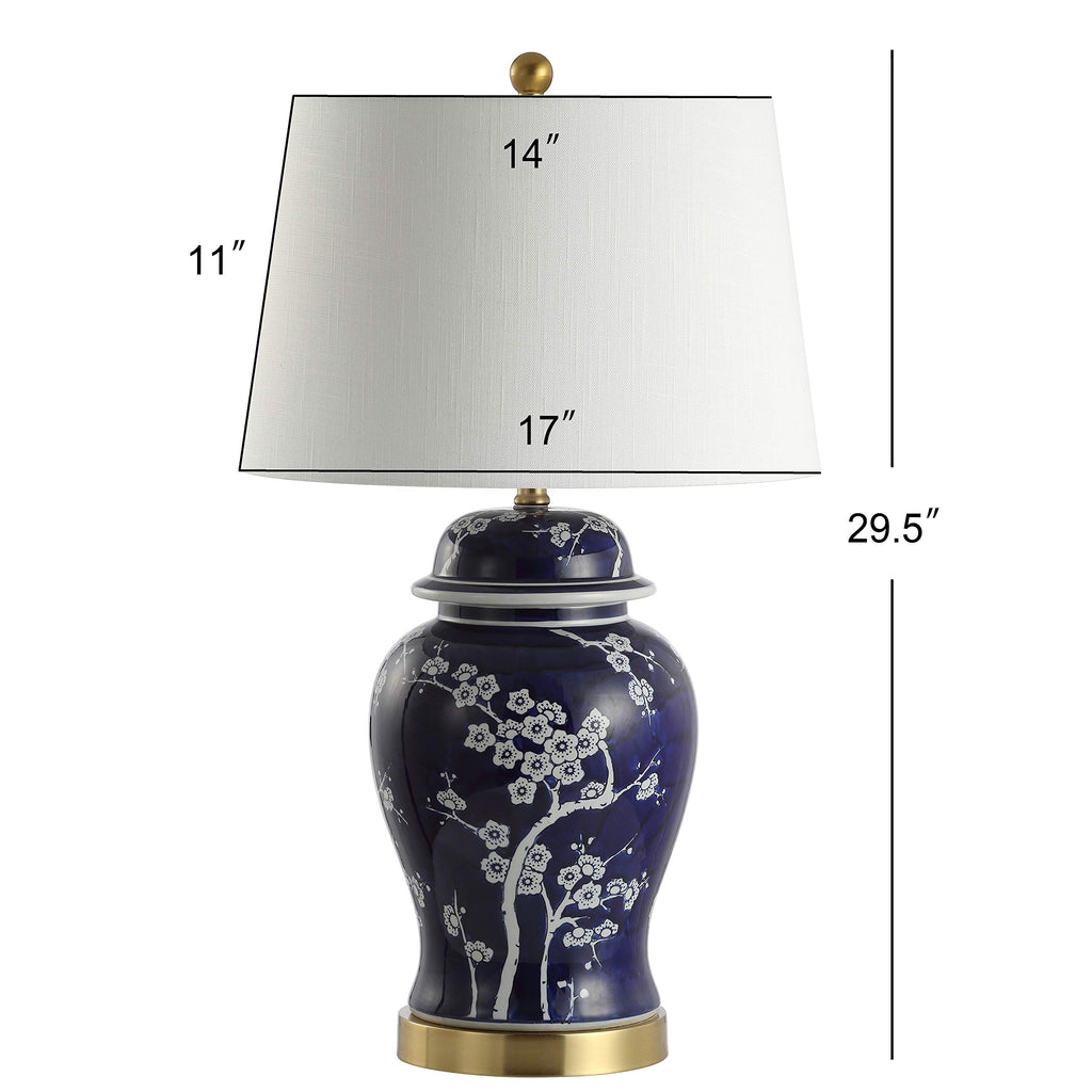 JONATHAN Y 29.5" White/Navy Blue Traditional Ceramic Ginger Jar Table Lamp for Living Room, Chinoiserie Asian Bedside Lamp with White Linen Shade and LED Bulb Included JYL3047A