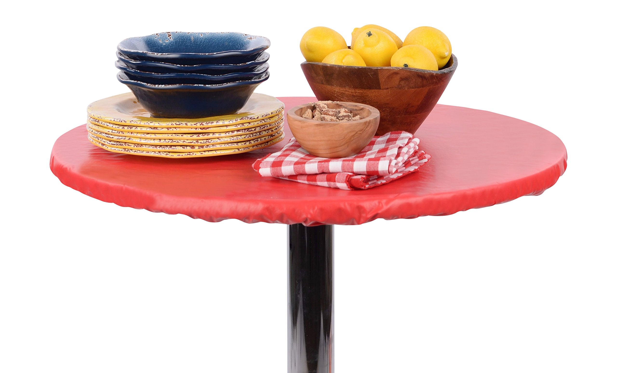 Yourtablecloth Heavy Duty Vinyl Round Fitted Tablecloth (Table Cover) with Flannel Backing Vibrant Colors Elasticized Tablecloth Great for Indoor and Outdoor Dining and Playing Cards 60” Ruby Red