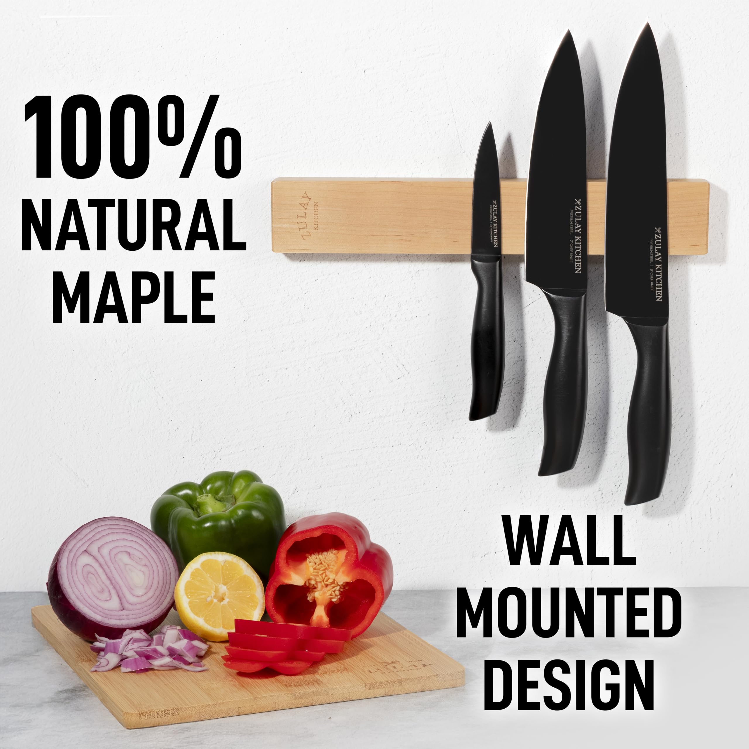 Zulay 11.75" Seamless Maple Wood Magnetic Knife Holder - Wooden Magnetic Knife Strip for Organizing your Kitchen - Elegant & Multifunctional Magnet Holder for Wall with Easy Installation