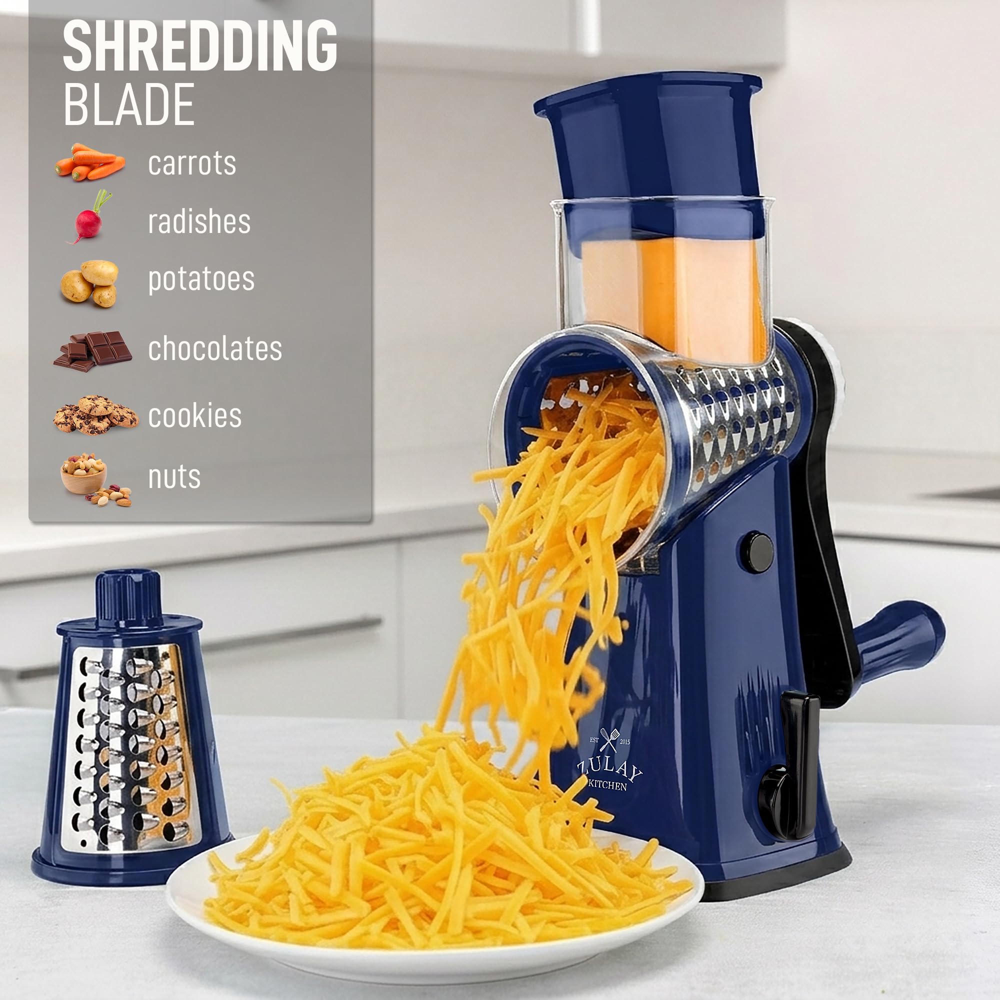 Zulay Kitchen Rotary Cheese Grater 5 Blade Cheese Shredder - Manual Hand Crank Cheese Grater With Reinforced Suction & 5 Interchangeable Drums - Easy to Use, Vegetable Chopper Round Mandoline Slicer