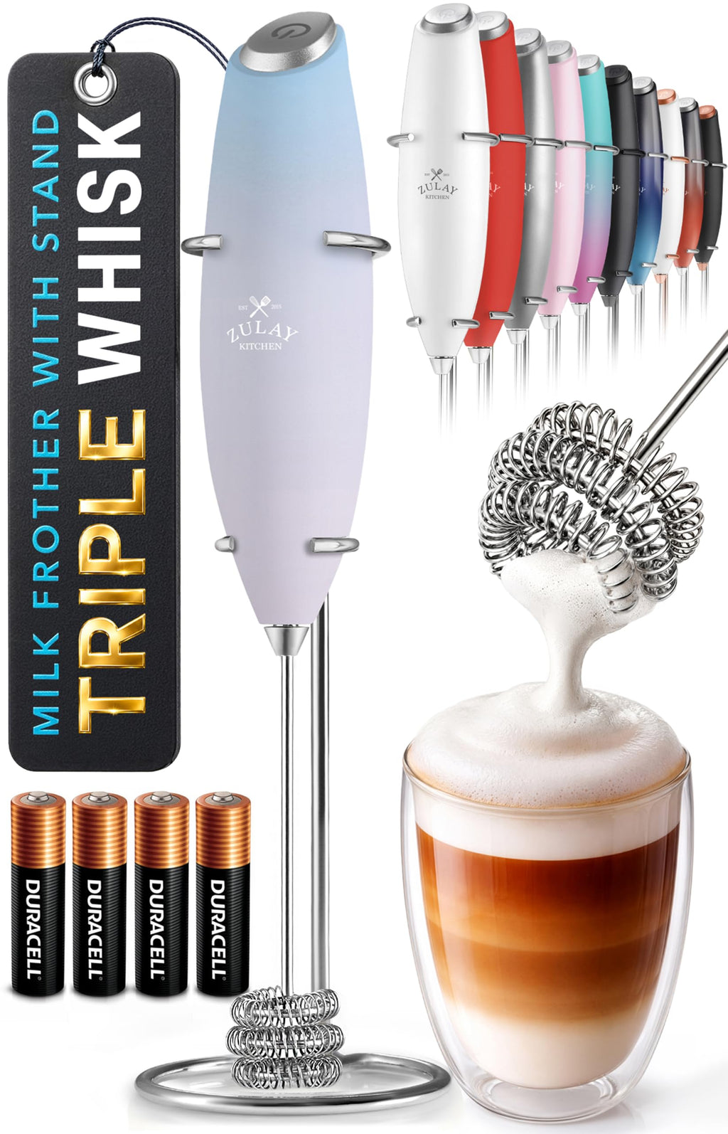 Zulay Kitchen Powerful Milk Frother Wand With Duracell Batteries - Ultra Fast Handheld Drink Mixer - Electric Whisk Foam Maker for Coffee, Lattes, Cappuccino & Matcha - Z1 Motor - Aqua